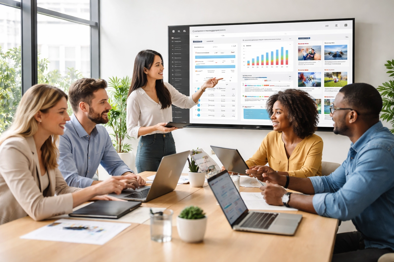 Marketing team planning digital signage content strategy using a content management dashboard