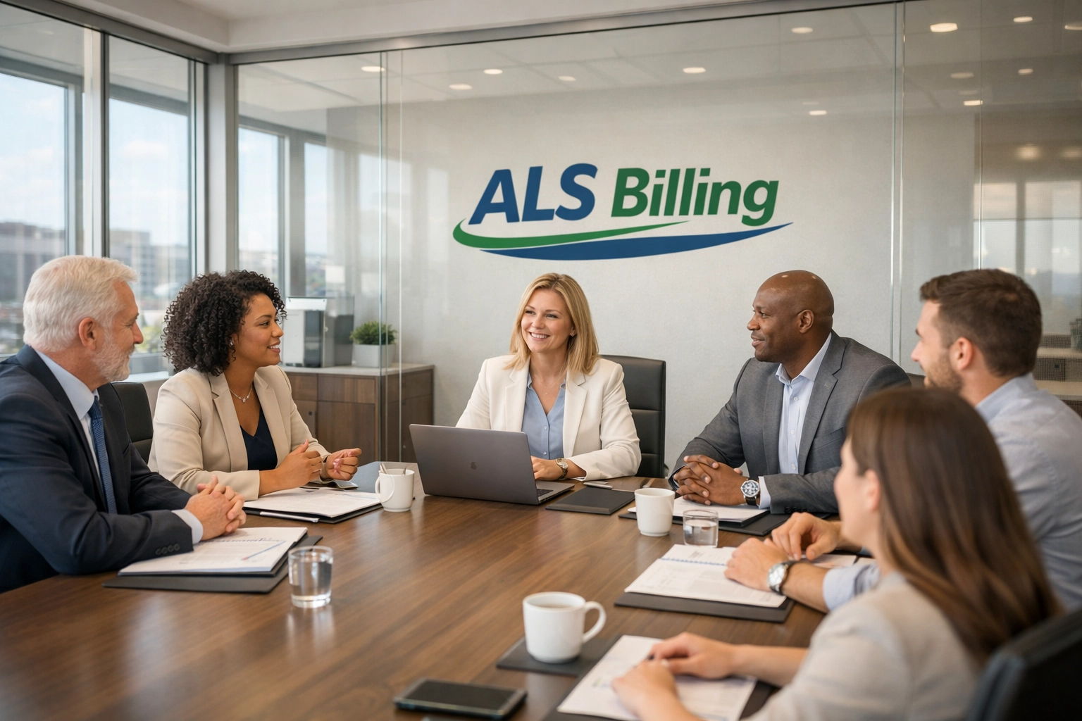 A USA-based medical billing team collaborating in a professional office to ensure secure hospice data management.