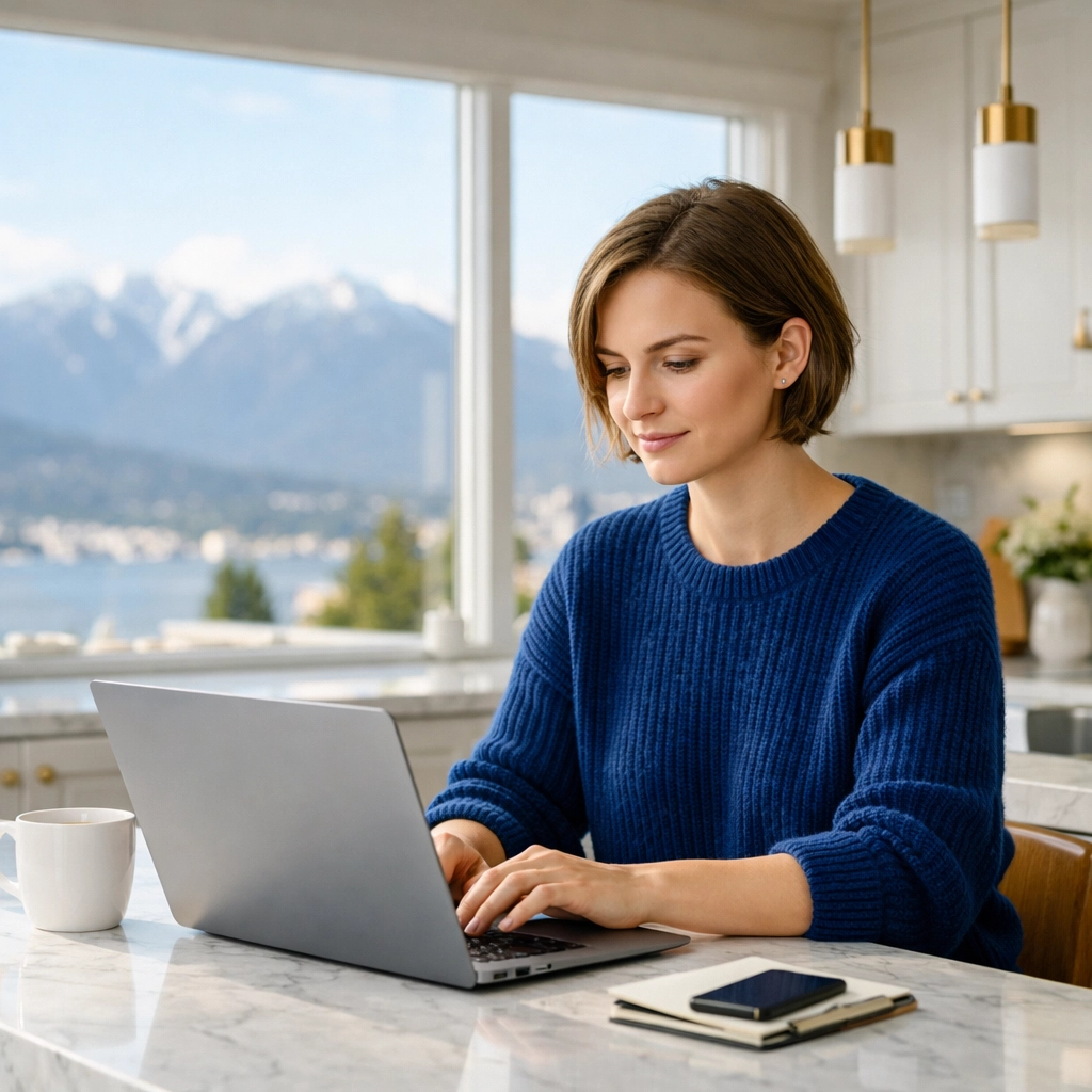Person in a Vancouver home managing finances and online payday loans on a laptop.
