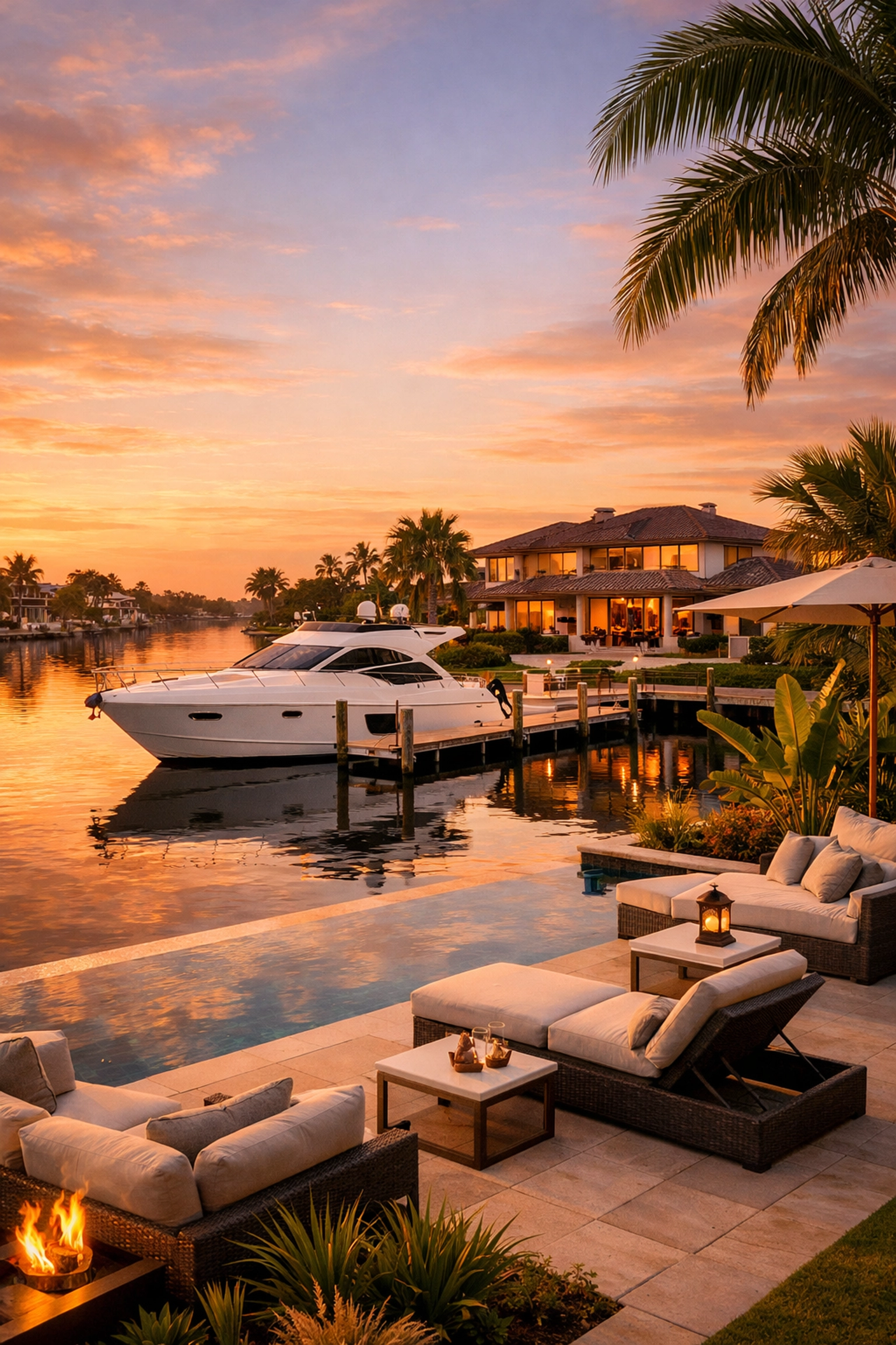 Luxury waterfront home in Southwest Cape Coral with a private boat dock and yacht at sunset.