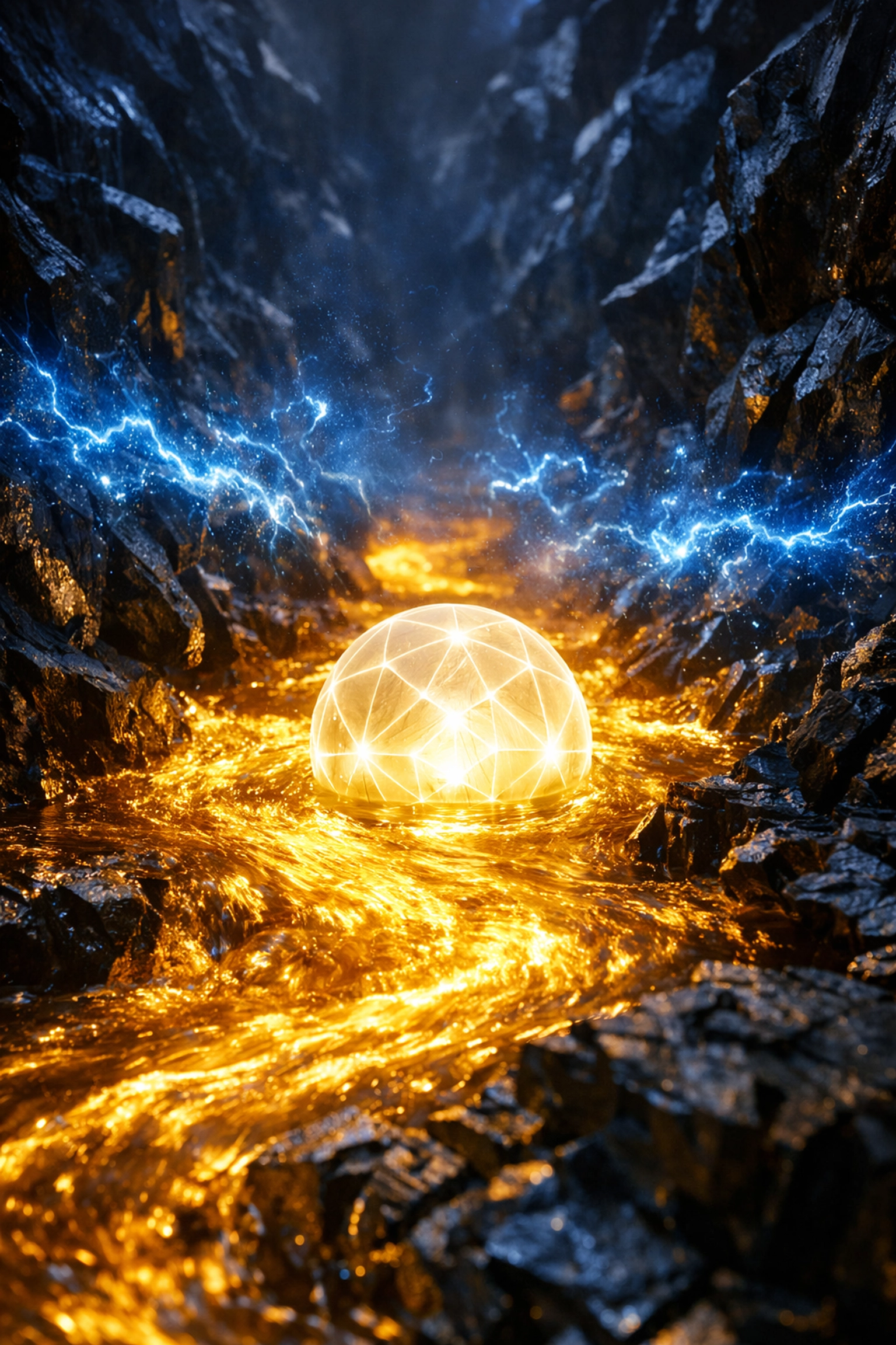 Golden energy river and glowing sphere depicting a nervous system regulated for a money mindset.