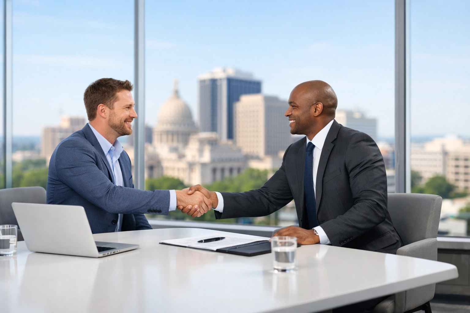 Business professionals shaking hands on a successful transaction with the Jackson Mississippi skyline in the background.