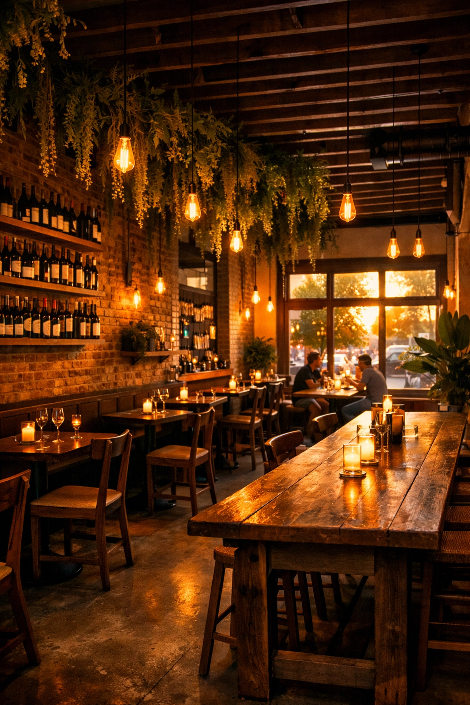 Neighborhood wine bar interior with communal tables and intimate seating zones