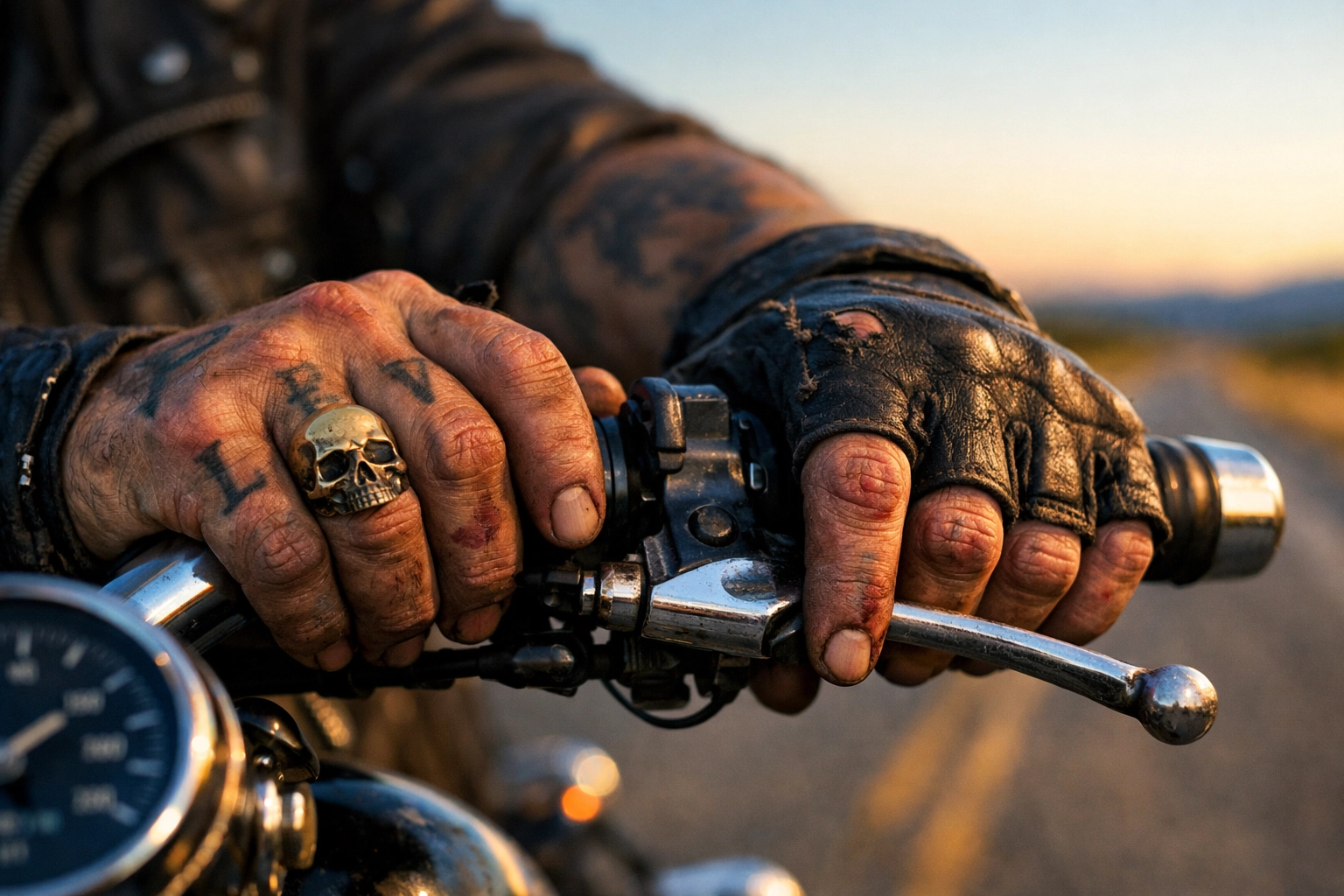 Biker's hands on motorcycle handlebars with open road ahead symbolizing brave space journey