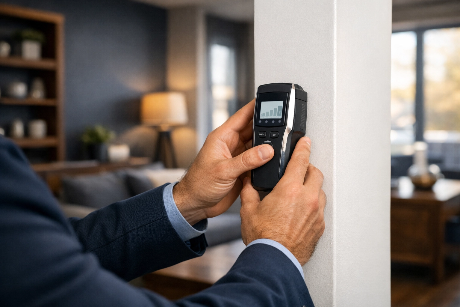 专业验房师在安省住宅内进行房屋检查，利用专业测量工具评估房屋结构，协助首次置业者规避潜在的隐性维修成本。