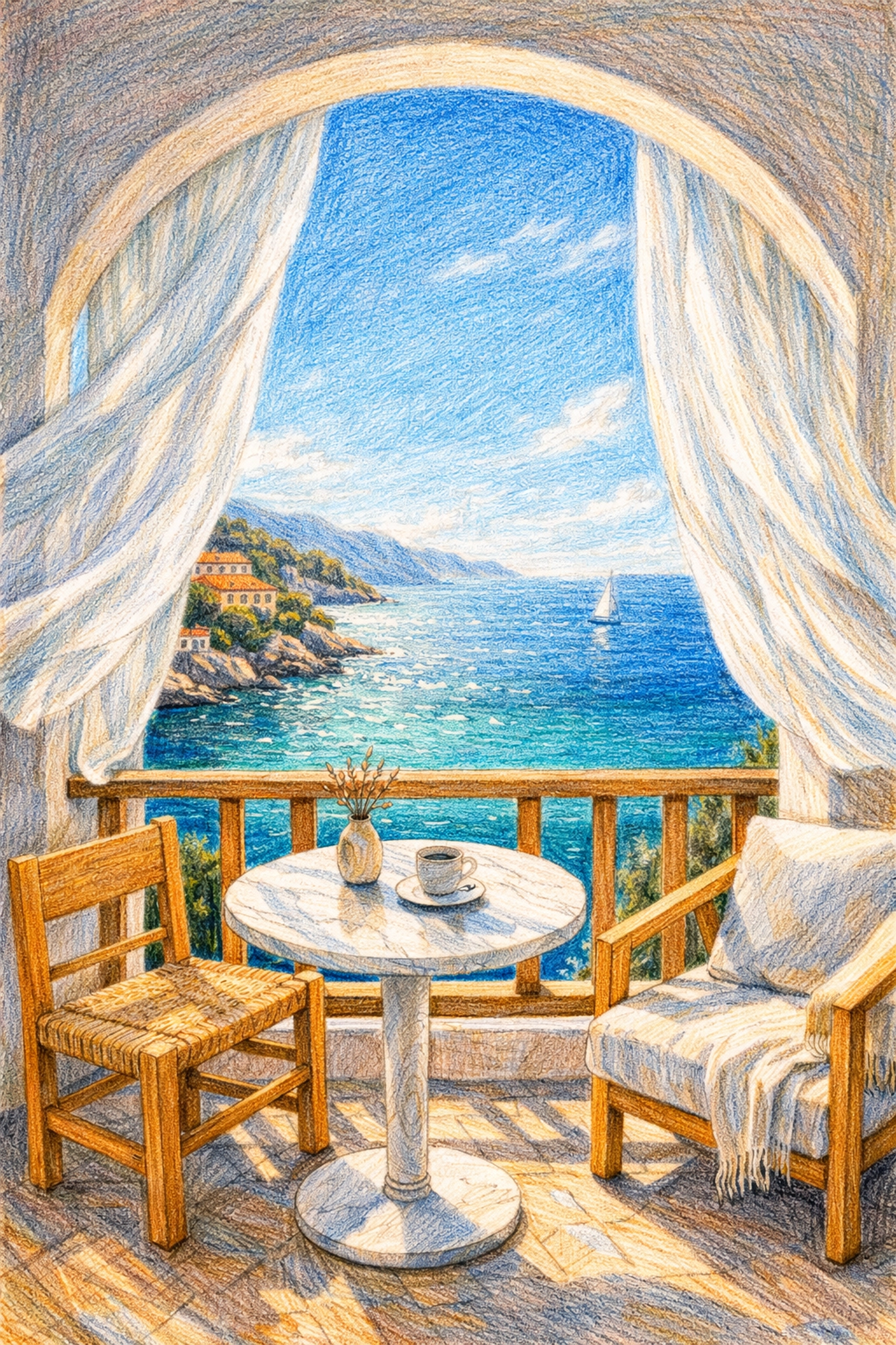 Coastal balcony with turquoise sea views exemplifying luxury hospitality design and natural connection.