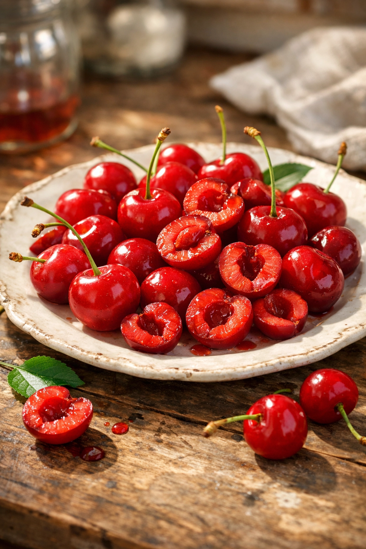 Fresh Montmorency tart cherries whole and pitted on white plate