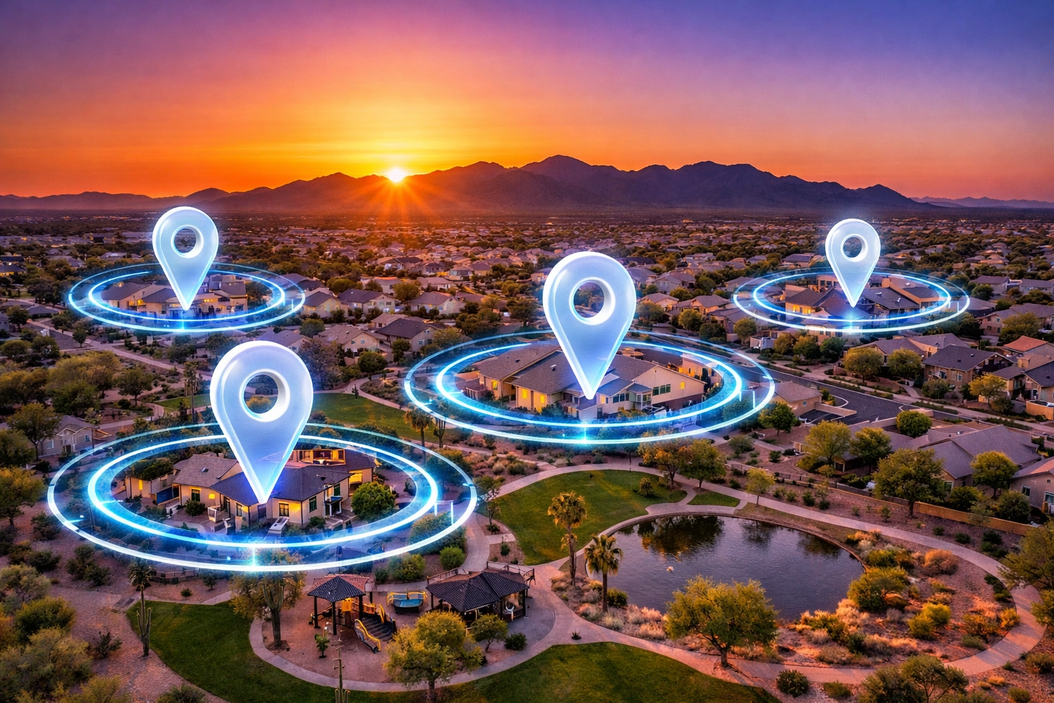 Aerial view of a Buckeye Arizona neighborhood with AI data pins highlighting top real estate trends.