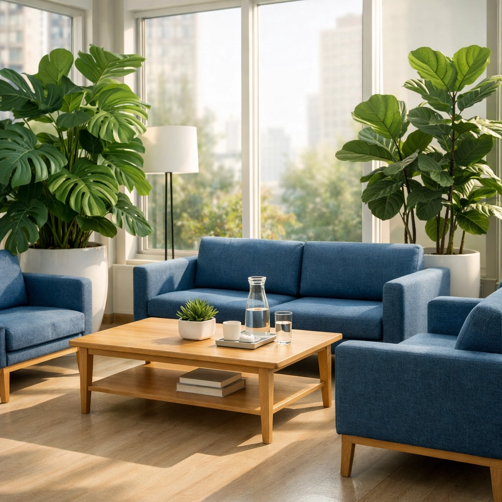 Clean eco-friendly office lounge with indoor plants highlighting green office cleaning Cambridge standards.