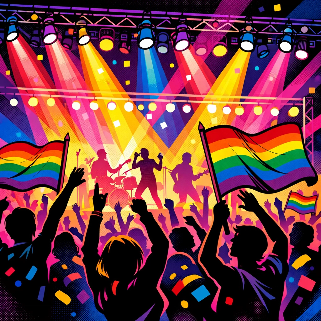 LGBTQ+ fans celebrating at 1980s concert with rainbow flags and joyful dancing