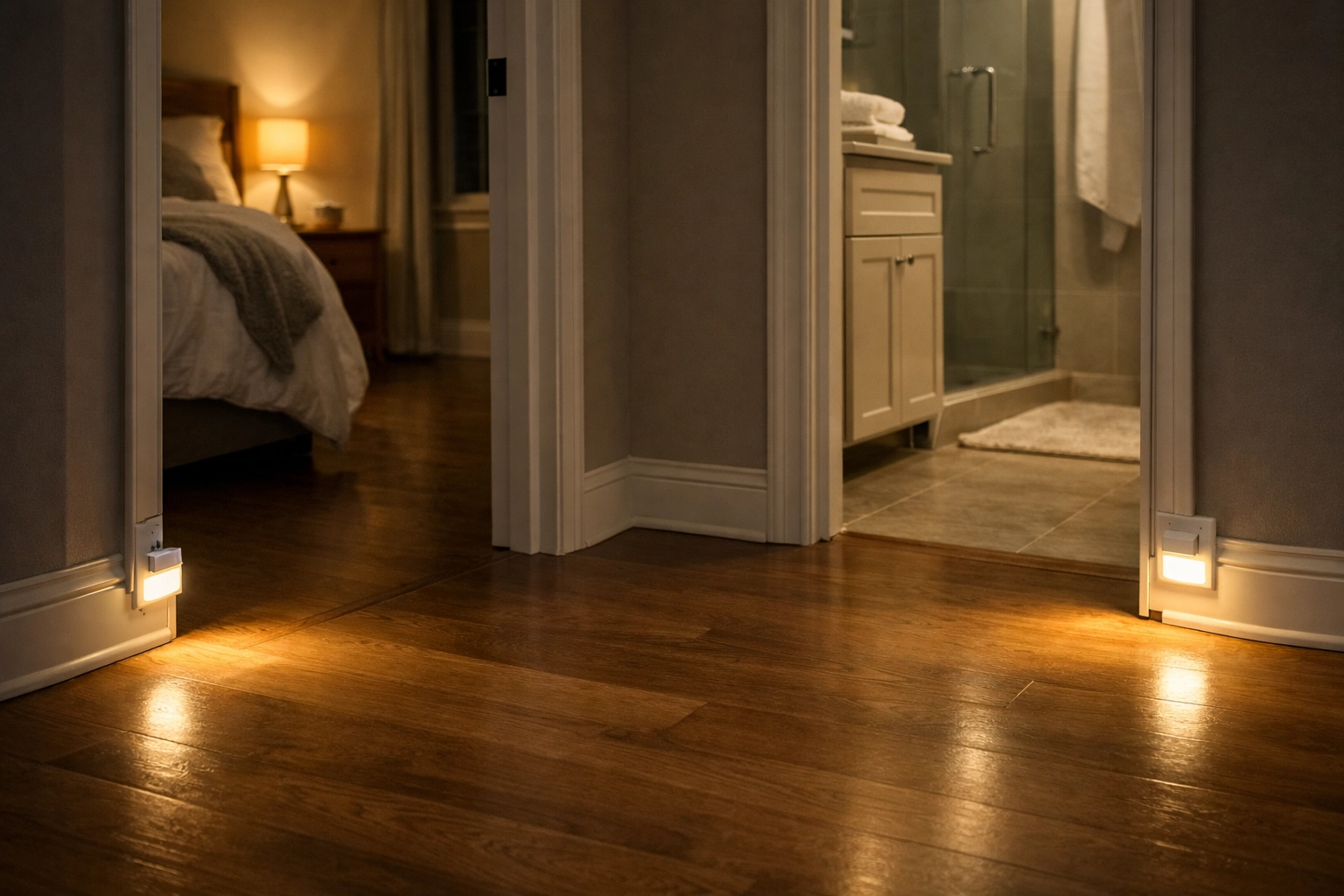 Motion-activated LED night lights illuminating a home hallway to prevent tripping in the dark.