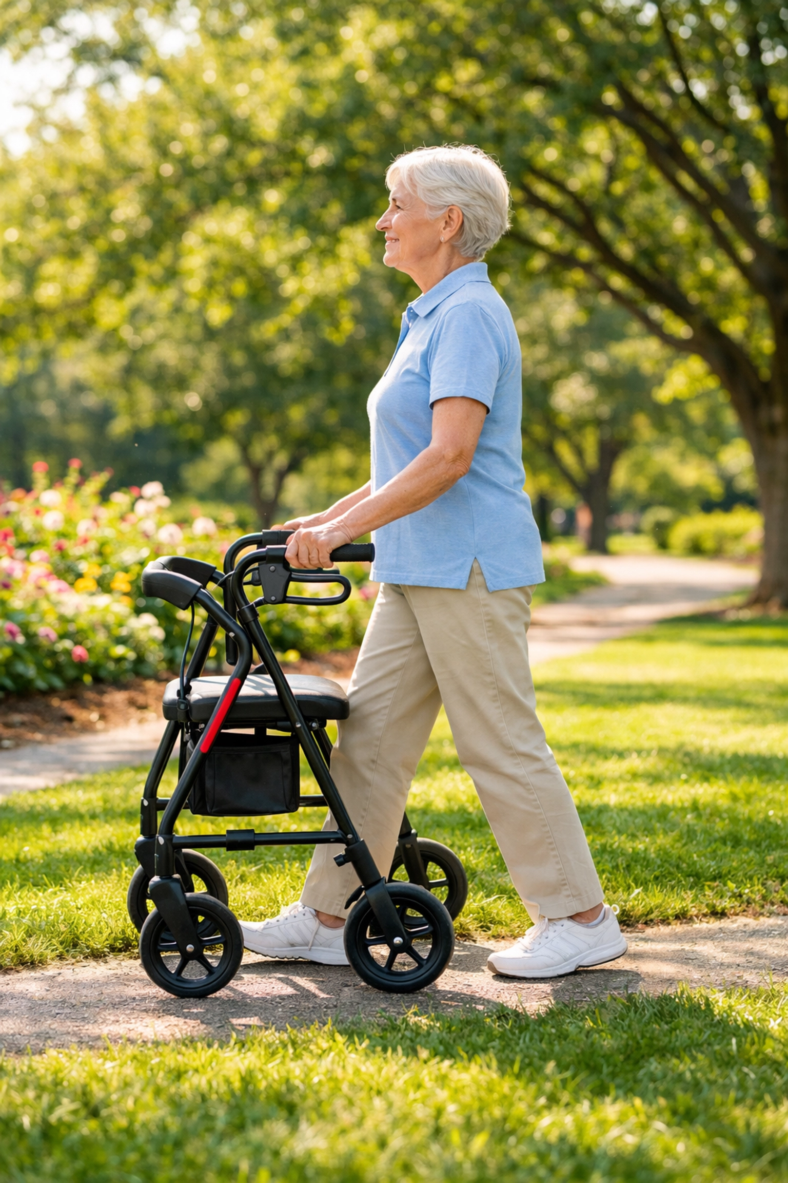 Senior woman walking inside the frame of her walker with upright posture in a sunny outdoor park.