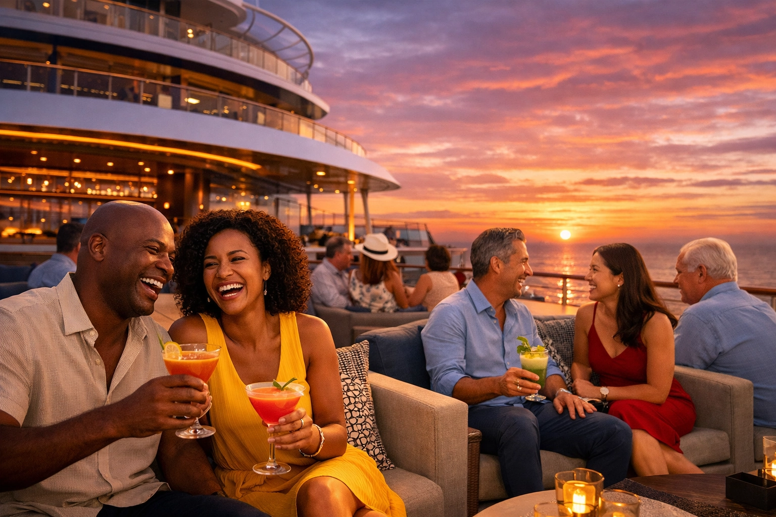 Diverse group enjoying cocktails in a luxury lounge booked via a cruise travel agent.