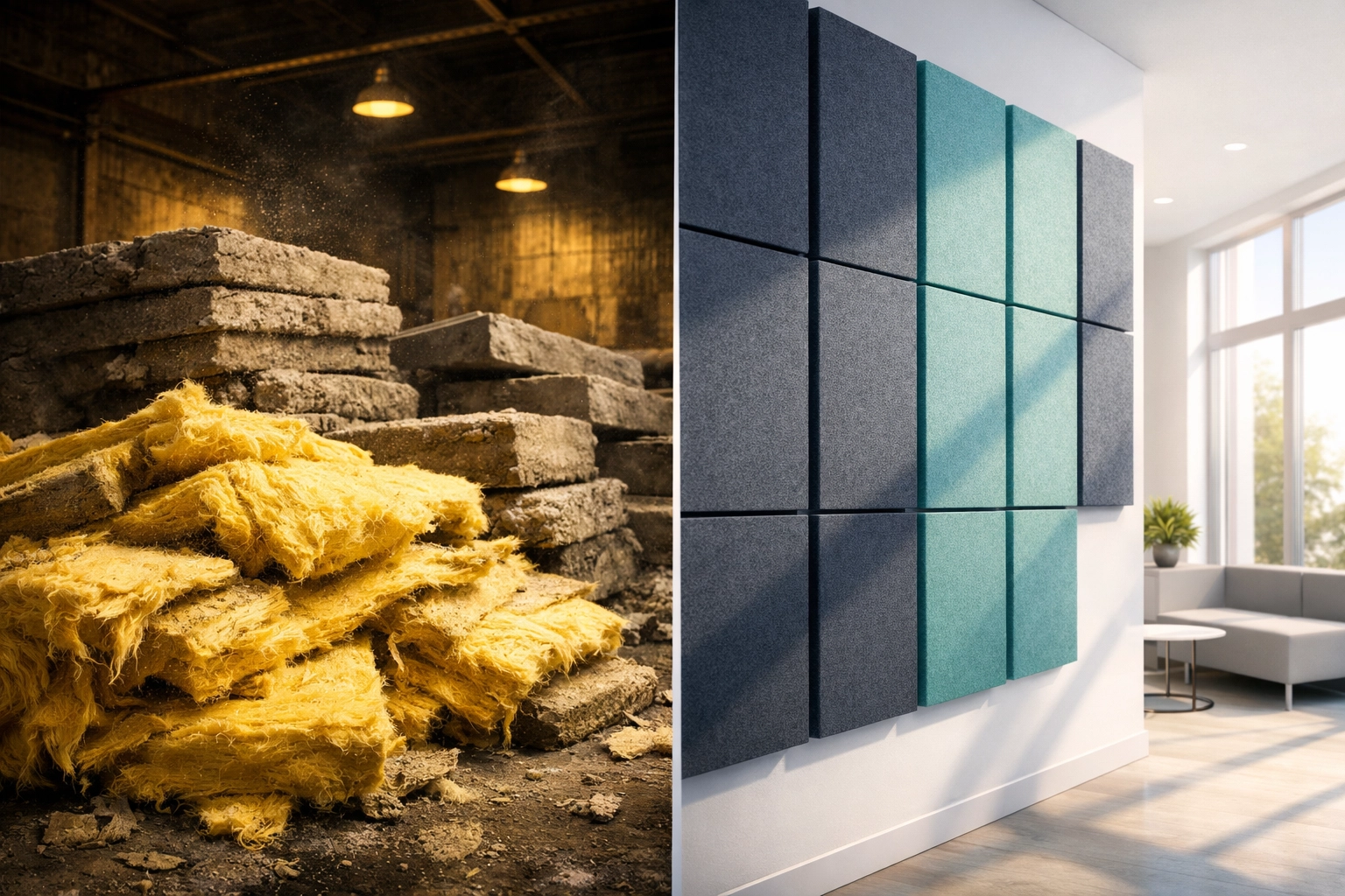 Comparison between traditional industrial insulation and modern sustainable PET acoustic panels for buildings.
