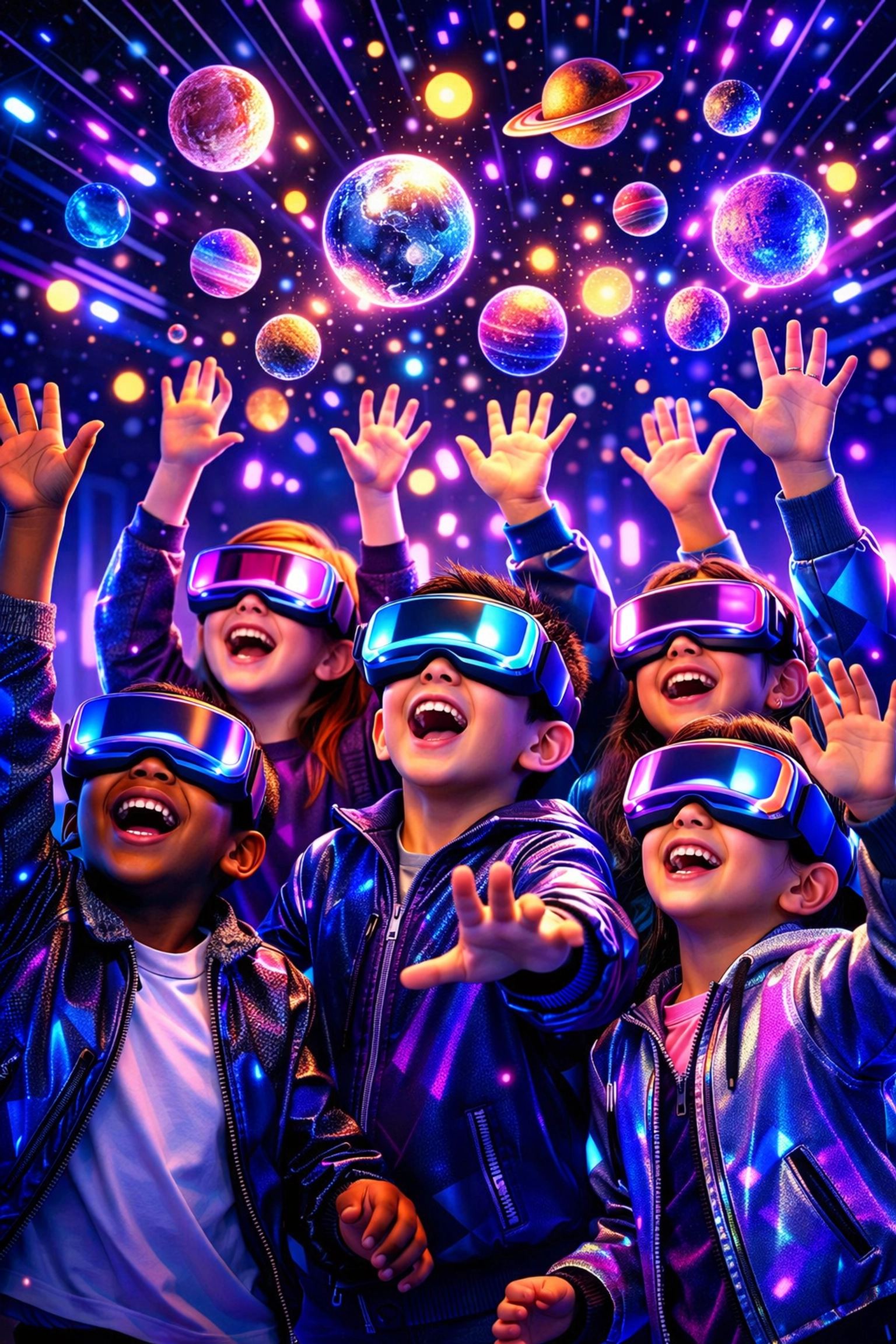Diverse children wearing VR headsets explore a virtual universe, illustrating educational access for all students.