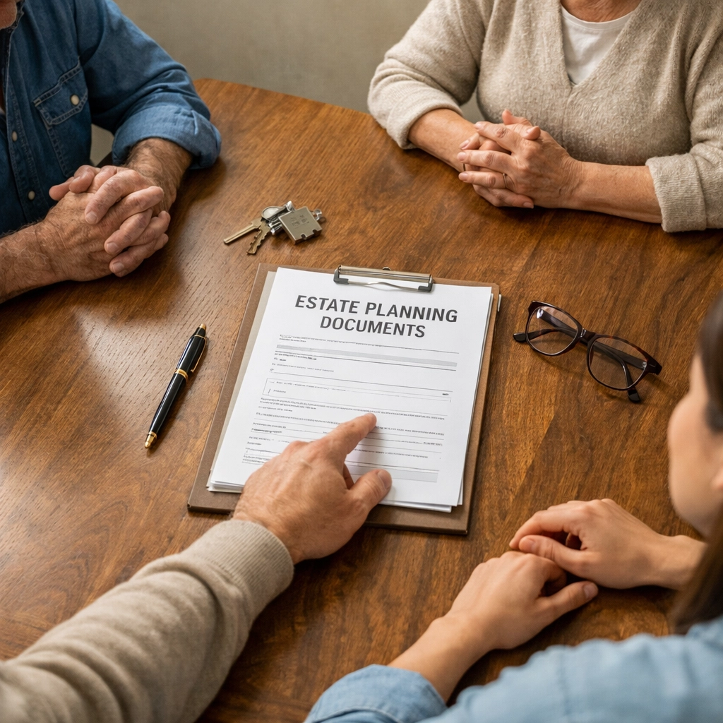 Family reviewing estate planning documents together at dining table