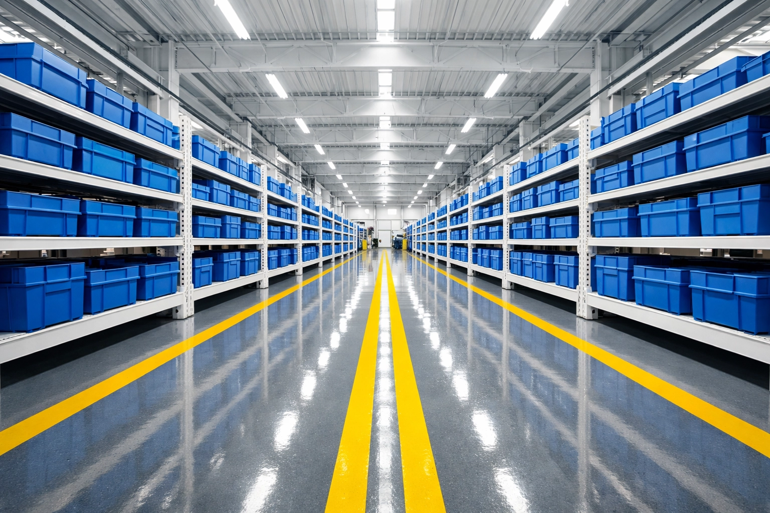 Organized manufacturing warehouse aisle with reflective floors and clearly defined safety lane markings.