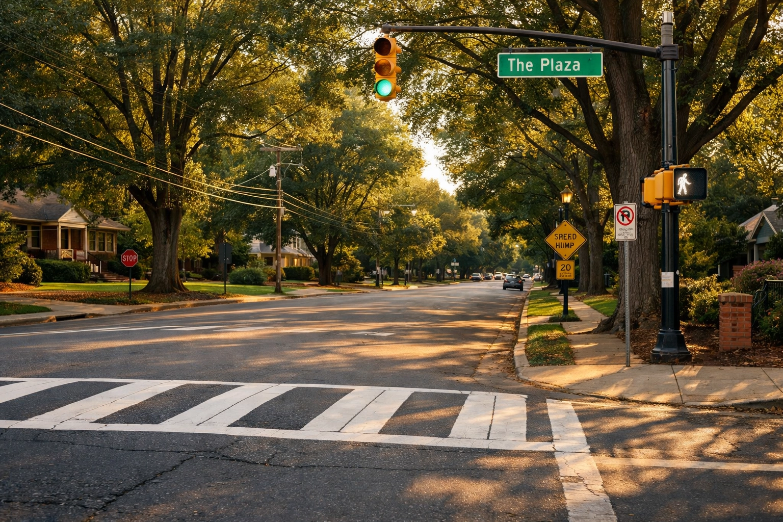 Intersection on The Plaza in Charlotte NC near NoDa with pedestrian crosswalk.
