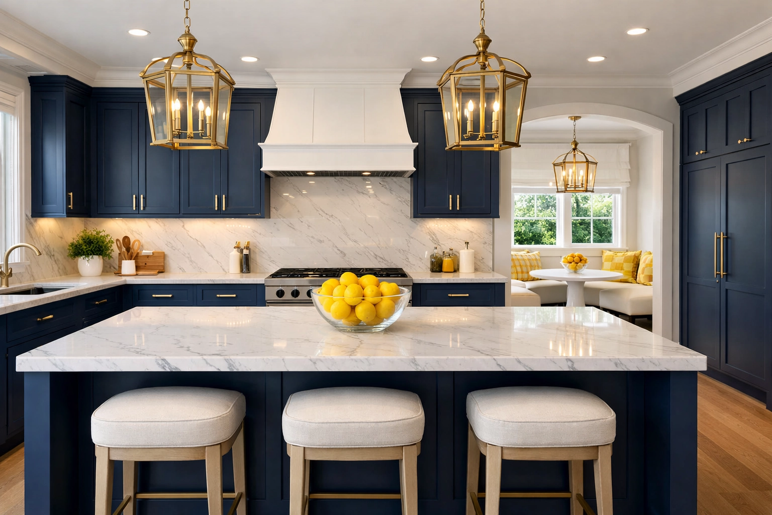 Pristine luxury kitchen with marble countertops perfect for bi weekly house cleaning schedules.