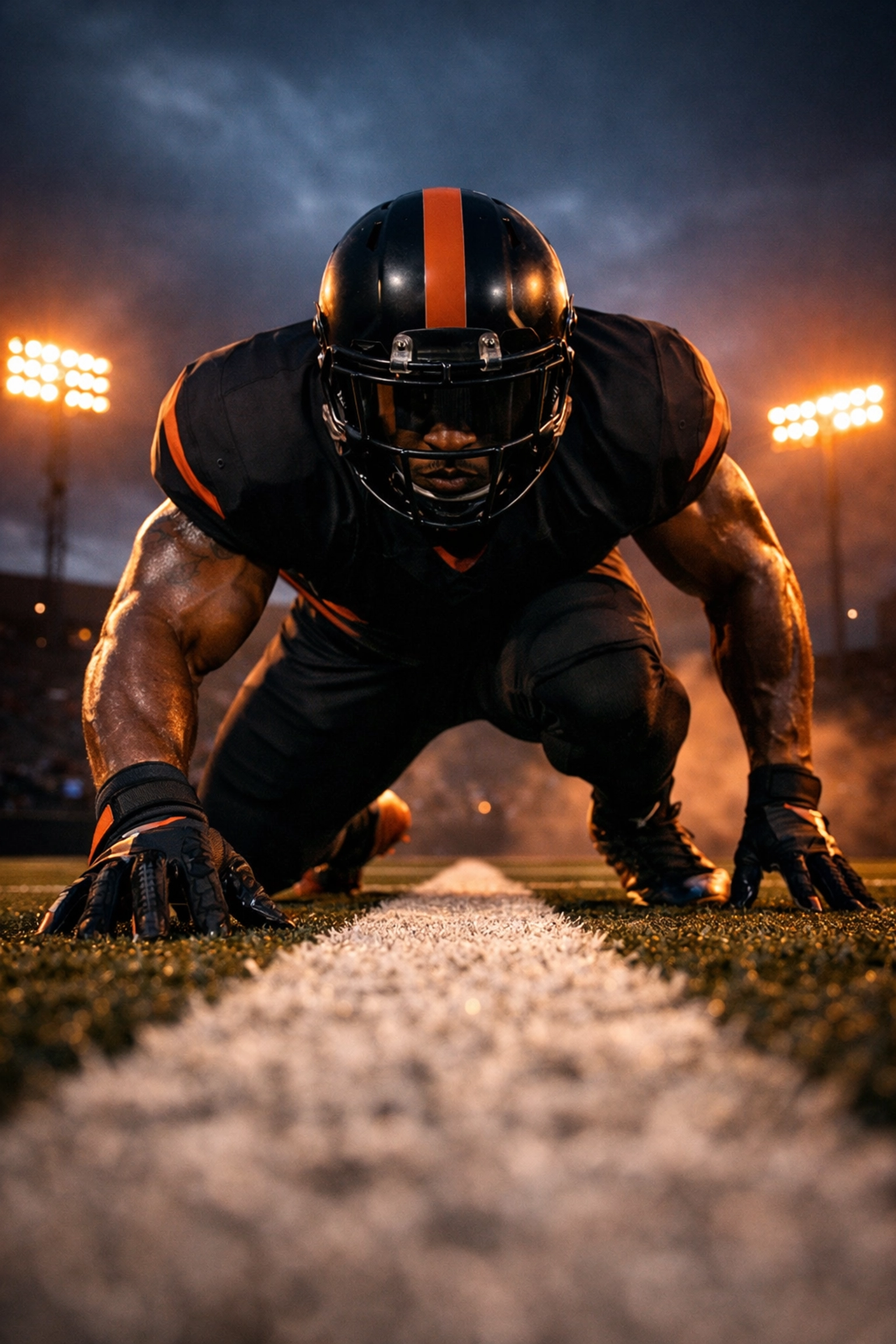 Football player in the Cheetah Coiled start stance prepared for explosive acceleration.