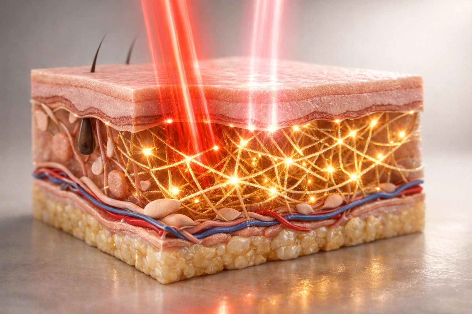 Red and infrared light penetrating skin layers to stimulate collagen and elastin for anti-aging.