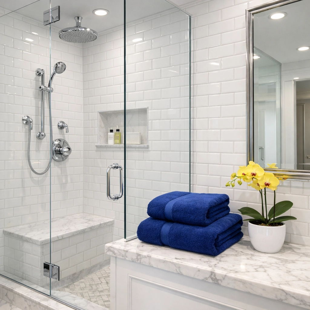 Sparkling master bathroom with white subway tiles from expert residential cleaning in Easton.