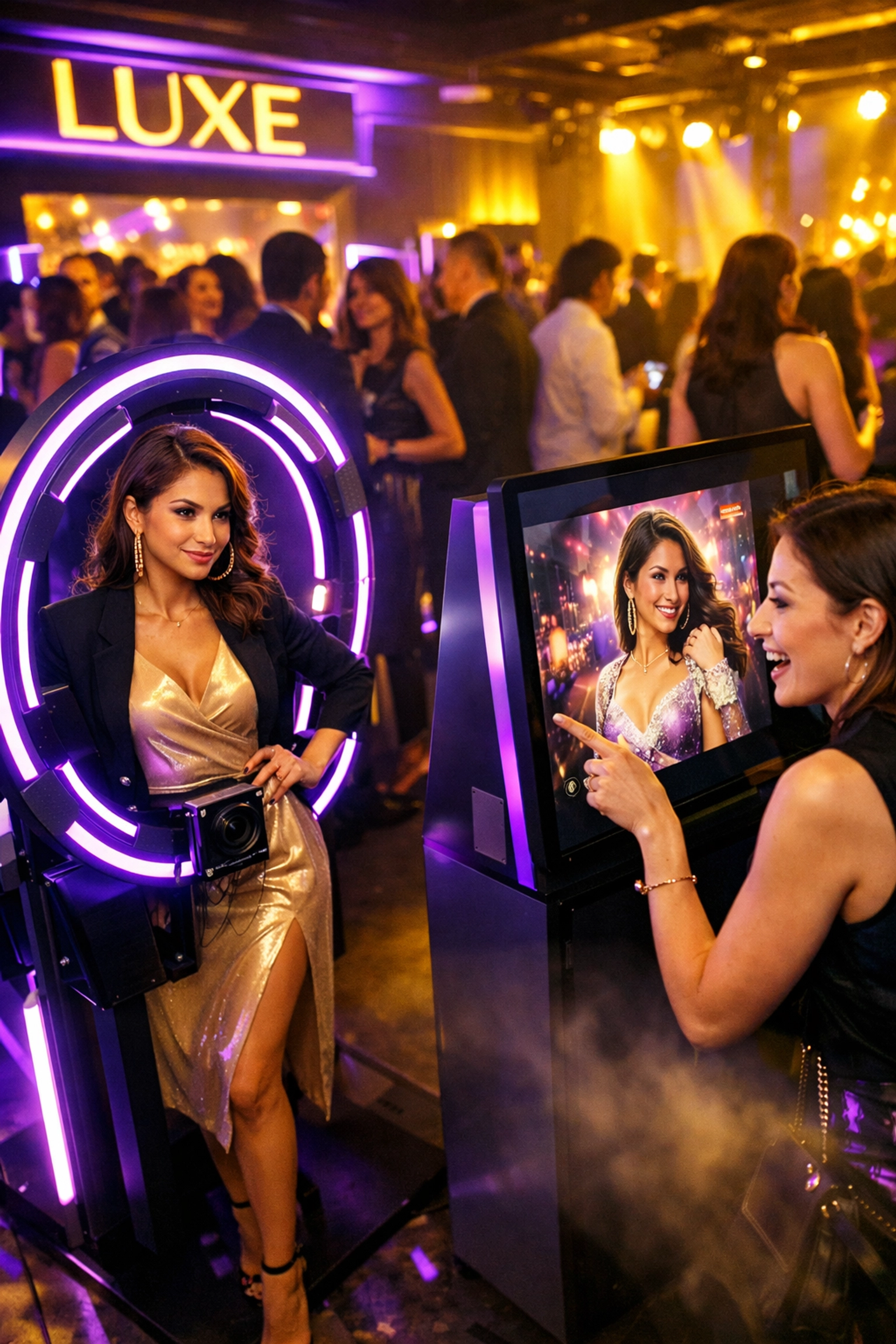 Guests engaging with AI photo booth technology at luxury brand activation event