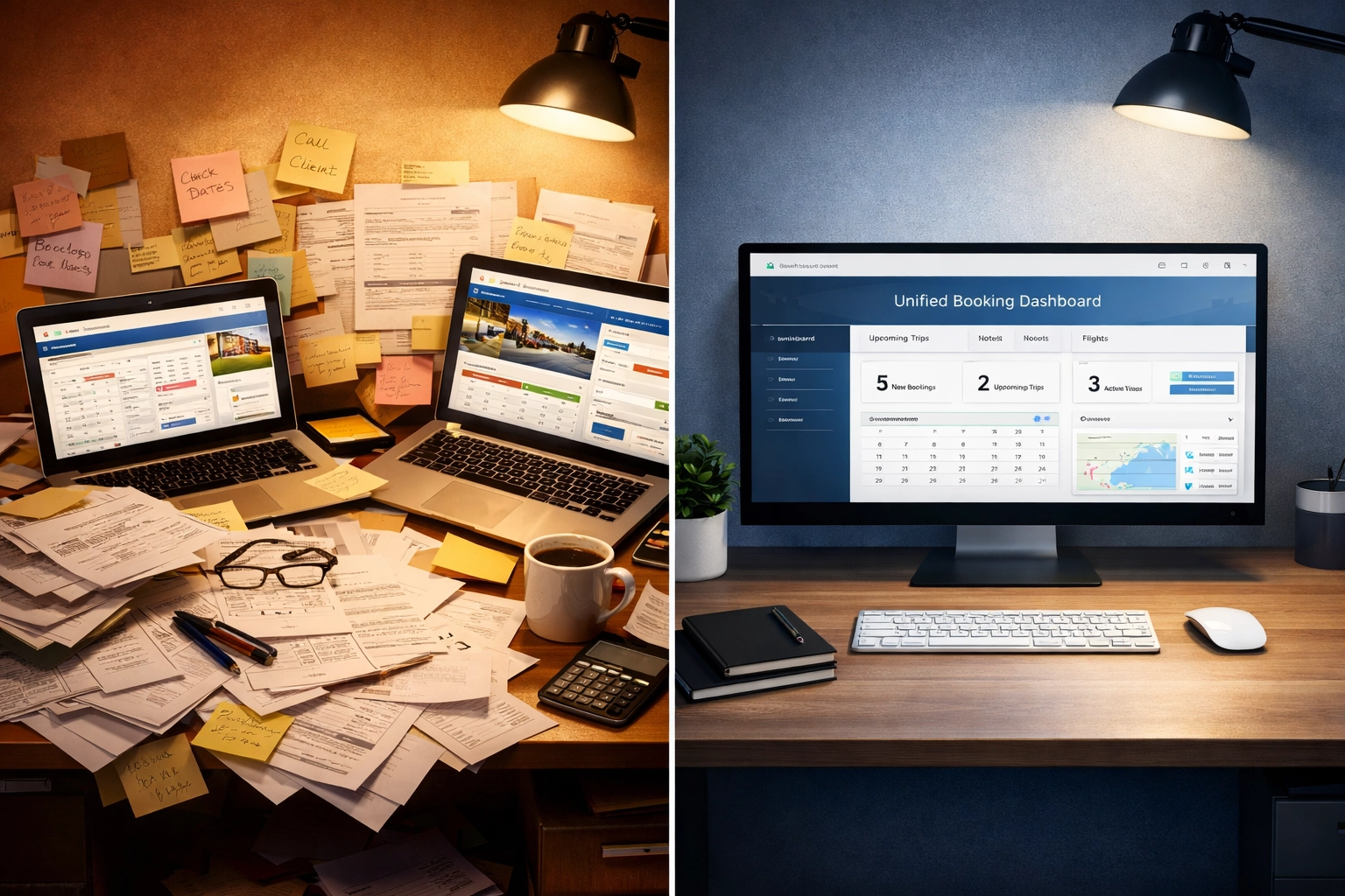 Before and after comparison of disconnected hotel systems versus integrated PMS platform