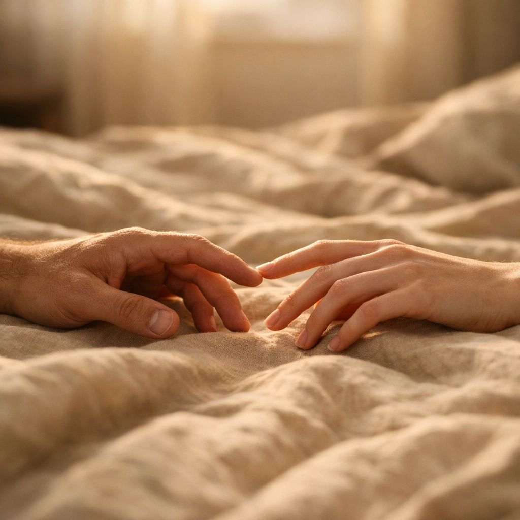 Egymás felé nyúló kezek az ágyban, az intimitás és a szexuális vágy helyreállítása PIED után.