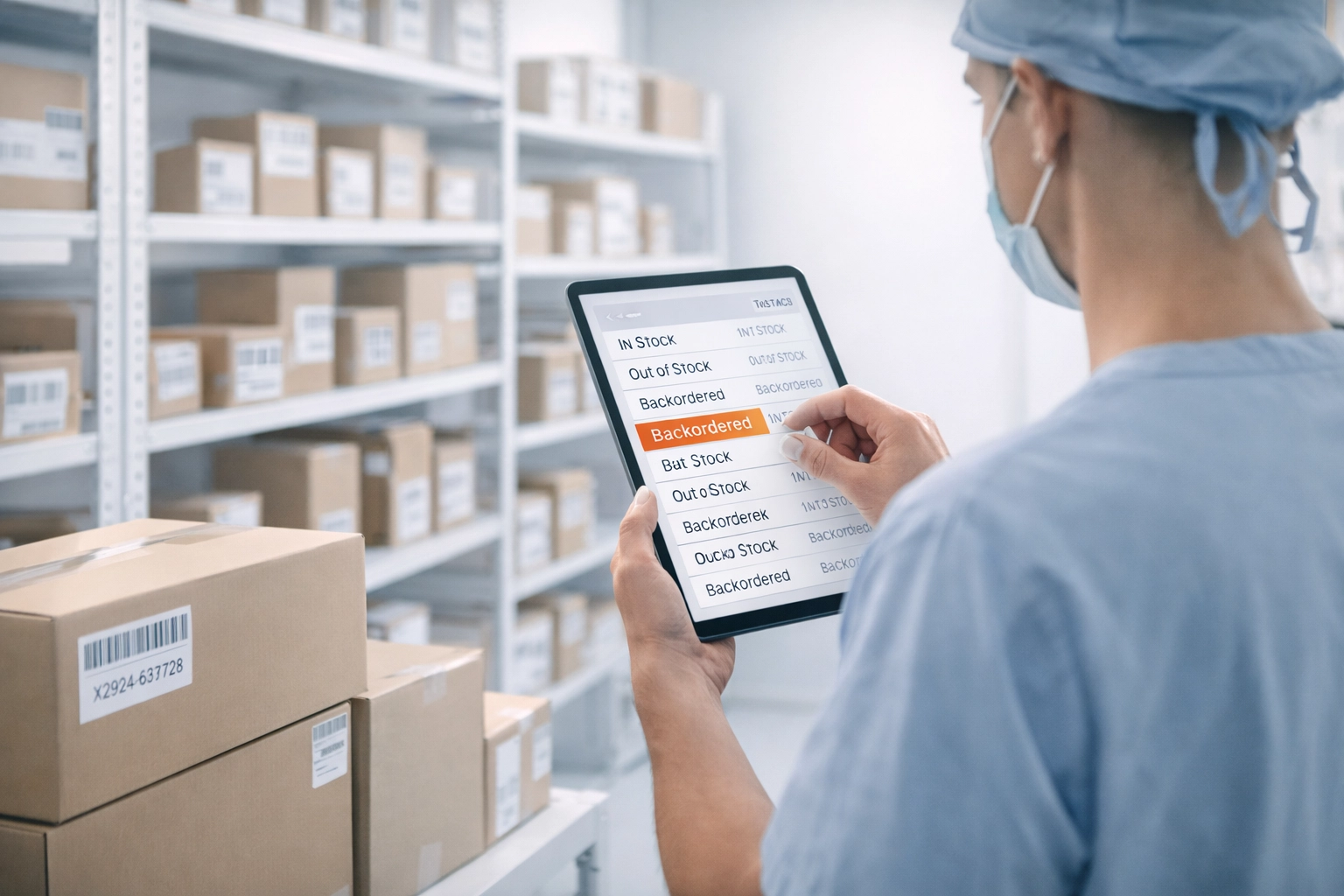 Hospital supply room staff reviewing backorder statuses and just-in-time inventory needs to prevent surgical supply disruptions