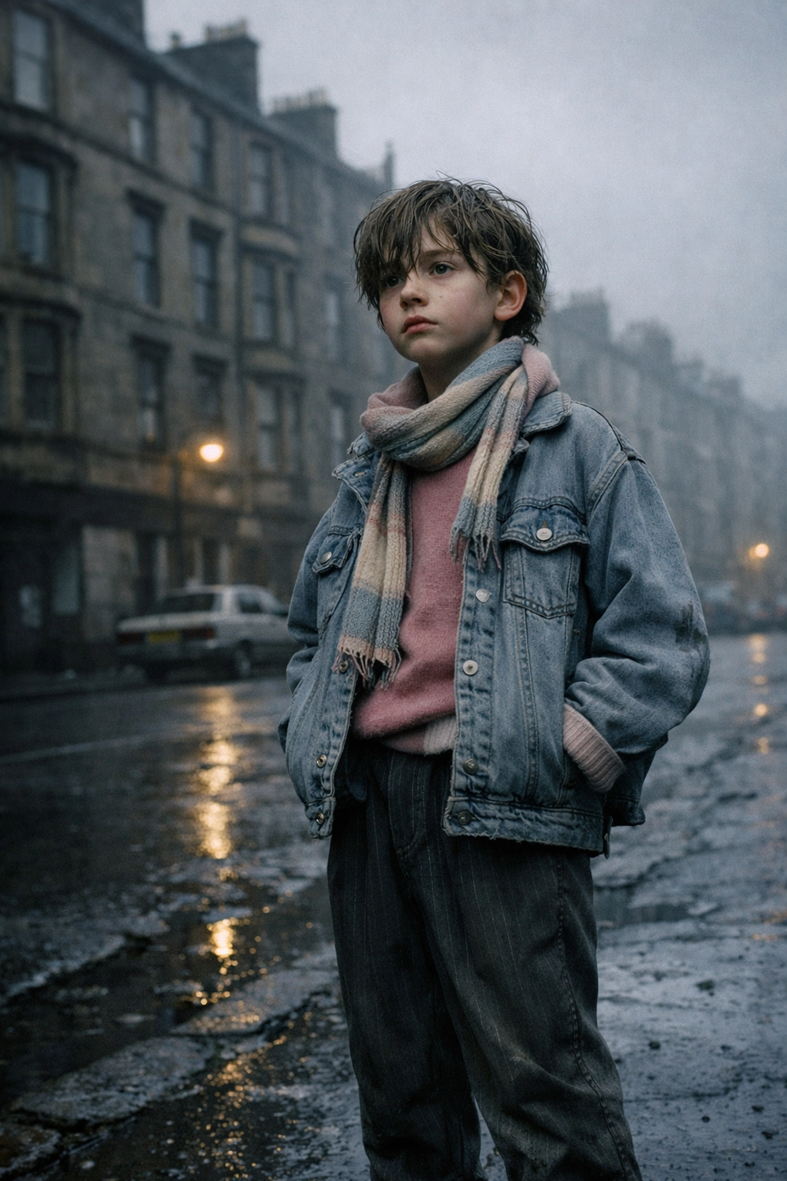 Young boy alone on rainy 1980s Glasgow street - Shuggie Bain queer fiction setting