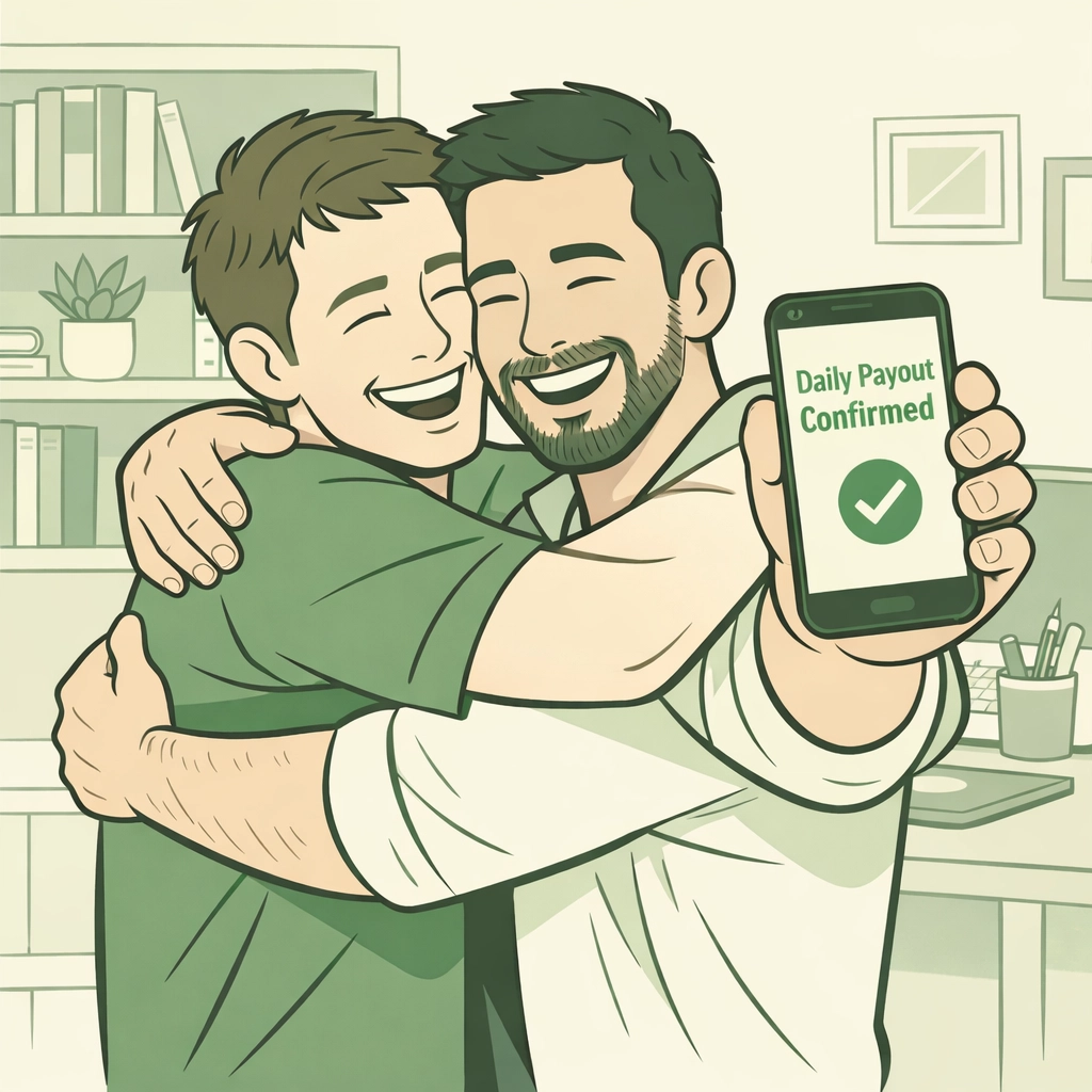 Gay fiction authors celebrating daily payout notification on phone in home office workspace