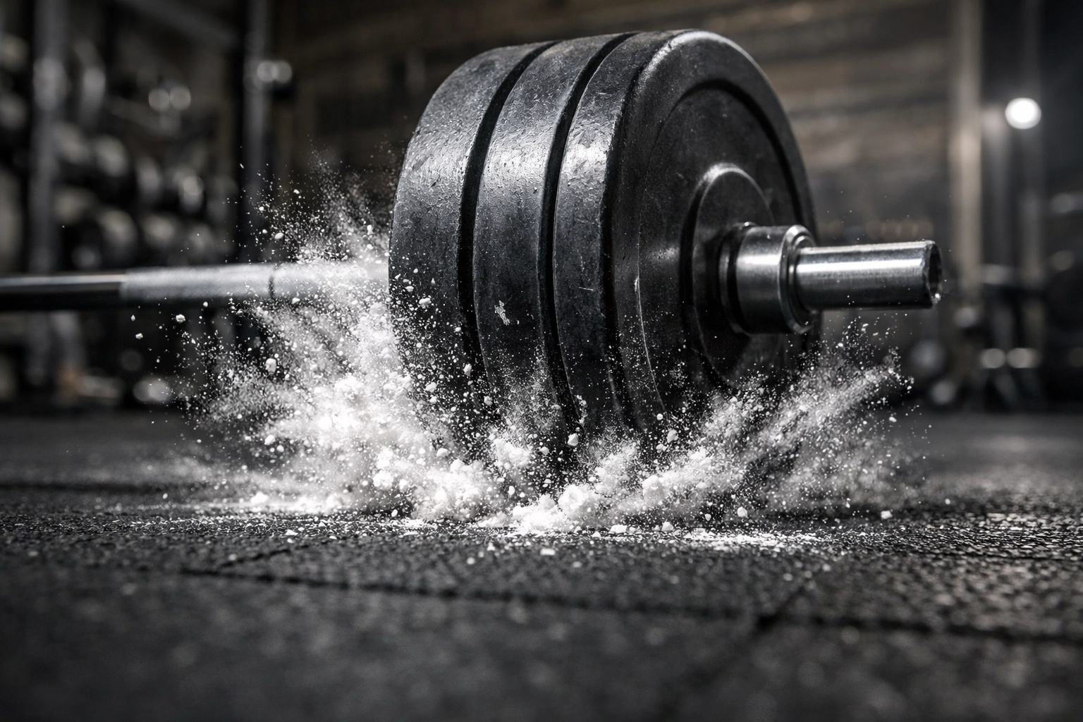 Heavy barbell hitting professional rubber gym flooring to protect home gym surfaces.