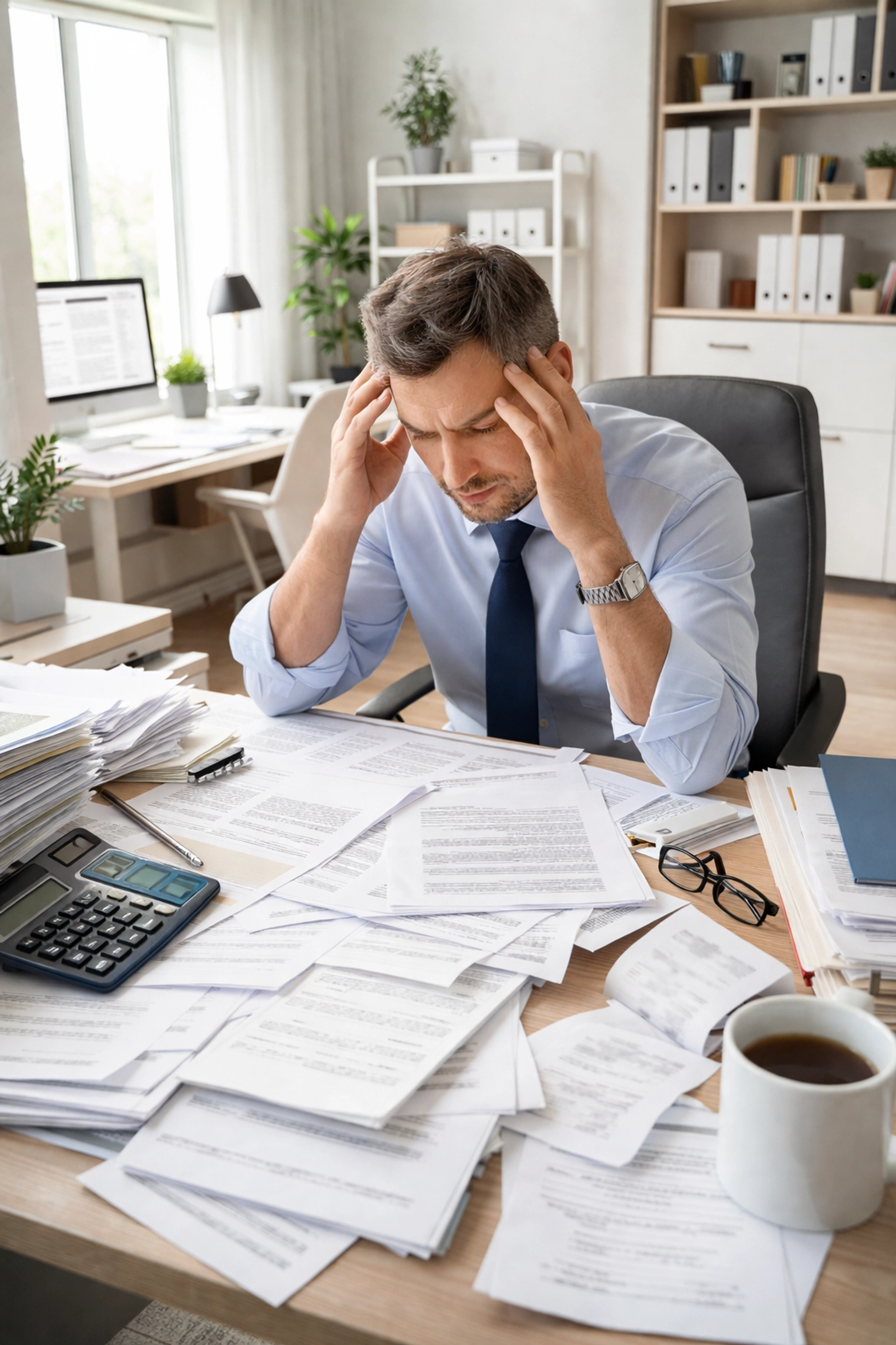 Tax professional at cluttered desk contrasts with organized workspace, highlighting ERO service simplicity