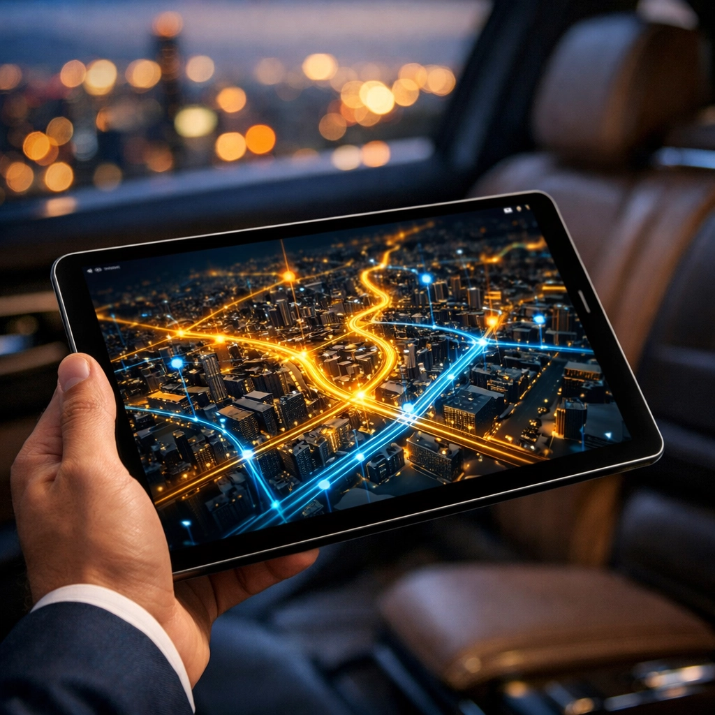 Executive using a tablet to monitor real-time AI traffic routing for precision-managed Super Bowl logistics.