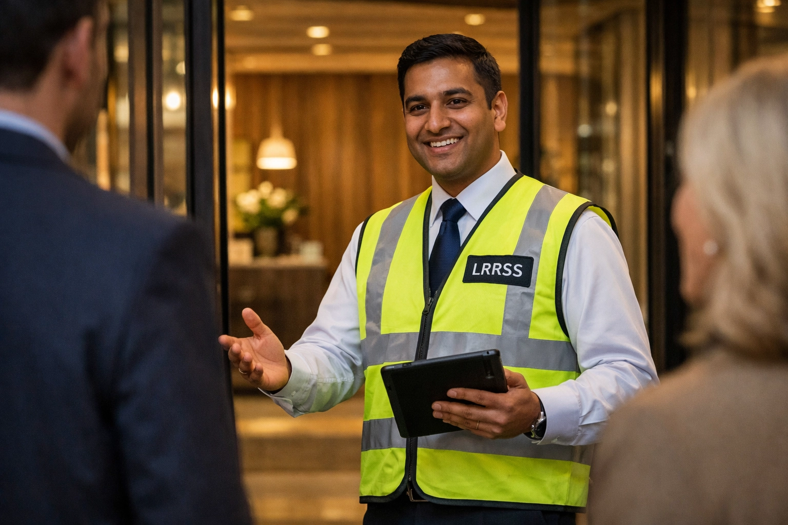 Professional security services London officer in a high-visibility vest standing in a modern corporate lobby.