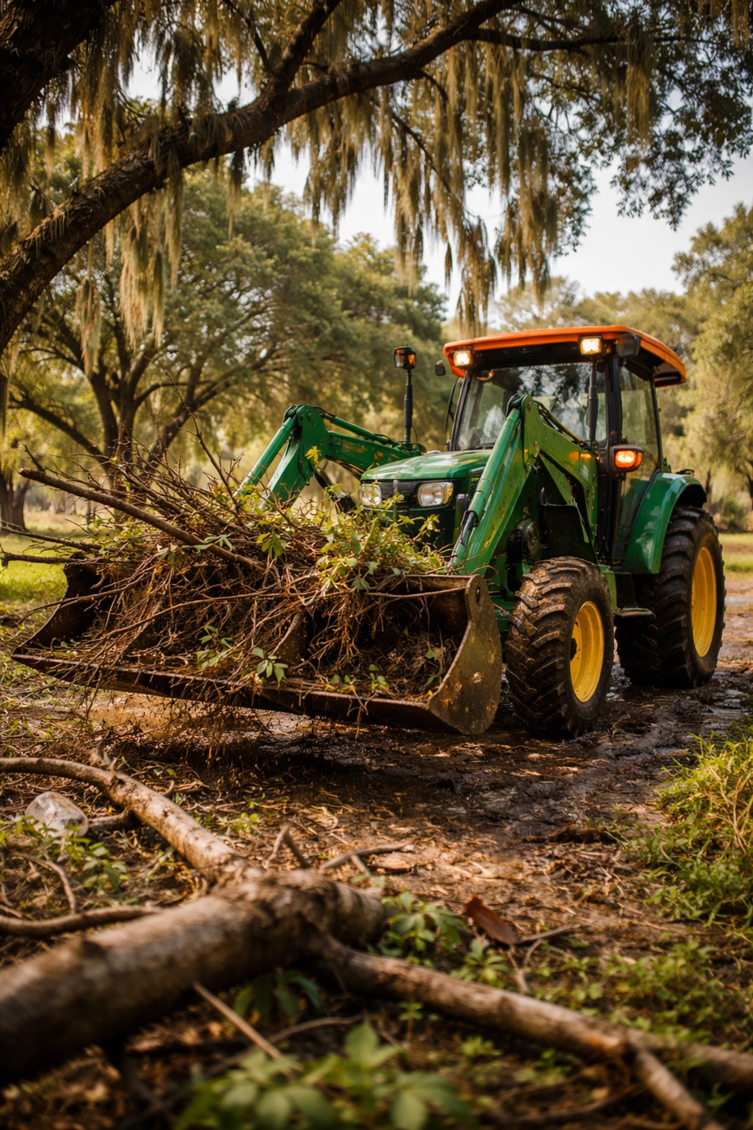 Compact utility tractor with loader clearing storm debris and fallen branches on a Florida property, essential for cleanup.