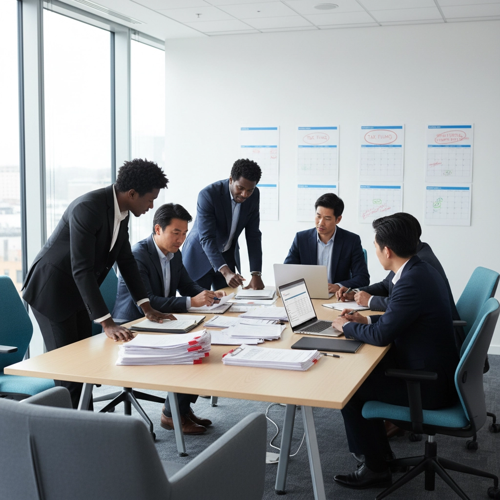 A team of corporate consultants or accountants working together to process a large volume of tax filings and financial reports for a business client.