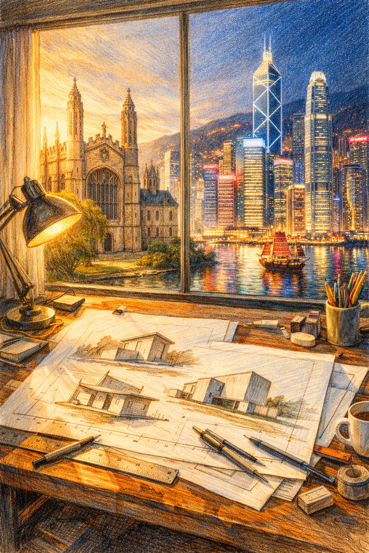 A designer's workspace featuring architectural sketches for boutique hotel interior design projects.