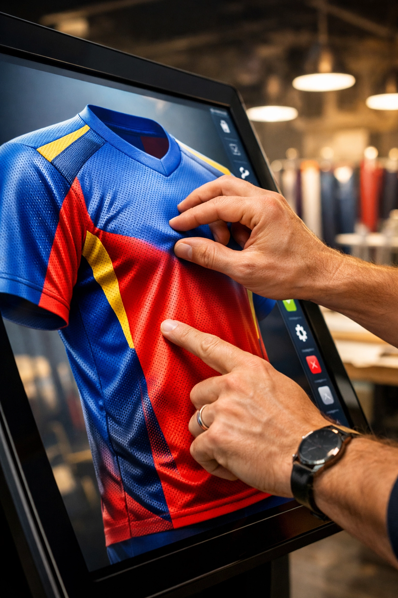 Designing a personalized custom NFL jersey at an interactive fan experience kiosk for Super Bowl 2026.