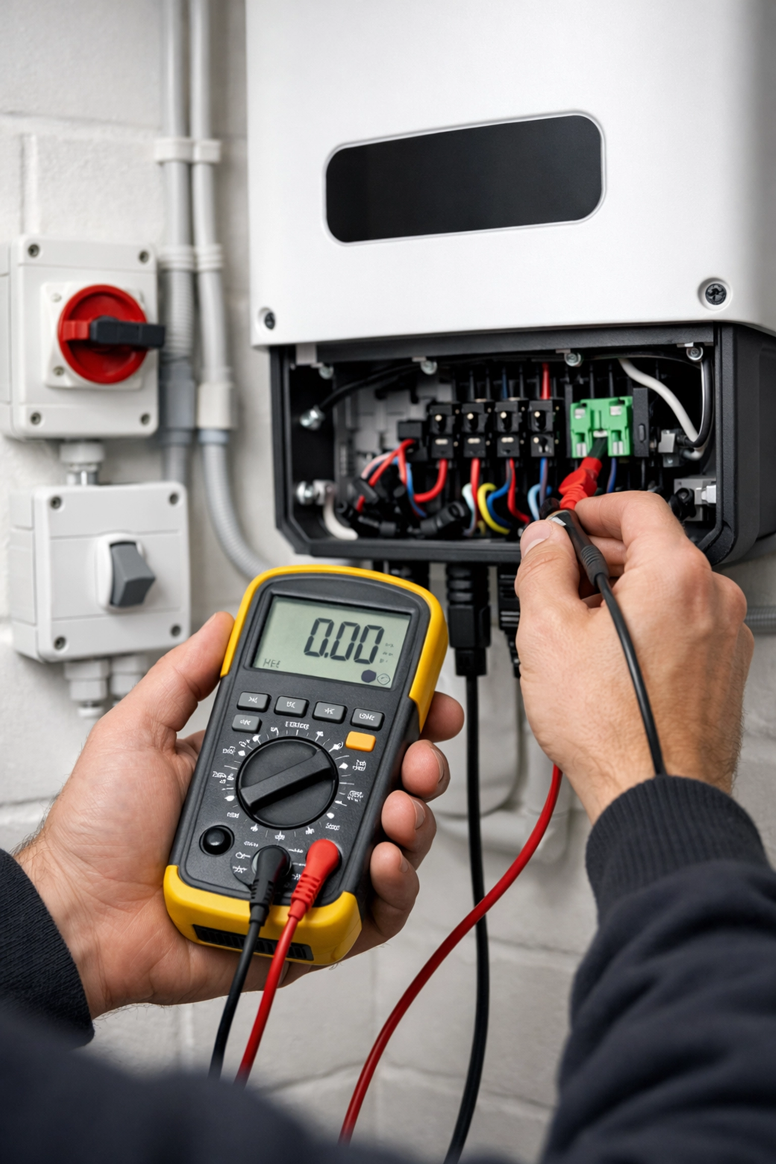 Solar maintenance technician performing an electrical health check on a home solar inverter.
