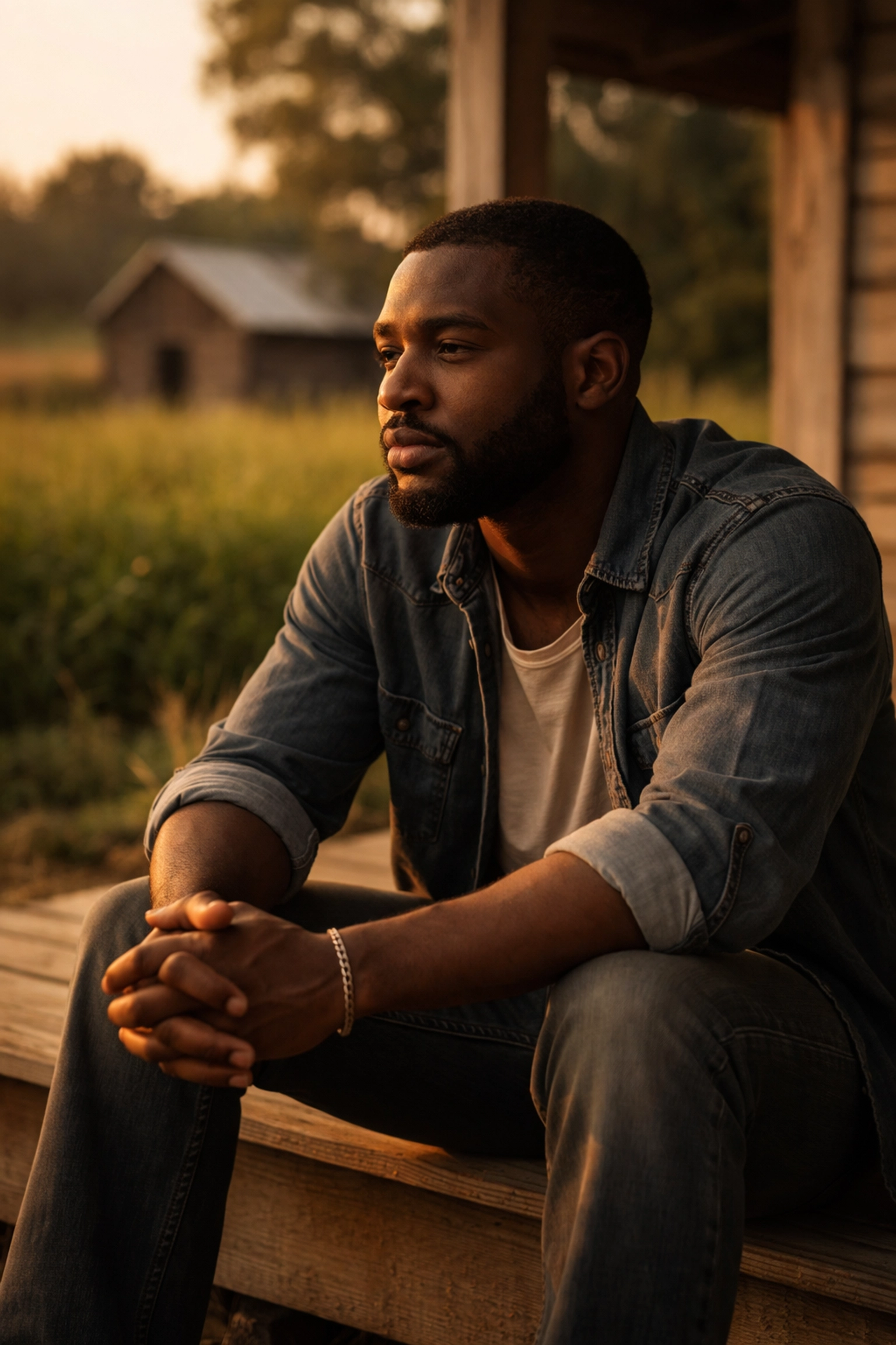 Black man reflecting alone on a rural porch at sunset, illustrating relationship struggles and mental health impact.