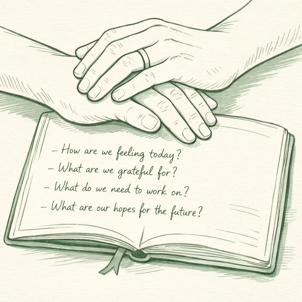 Male couple's intertwined hands on journal exploring intimacy questions and commitment