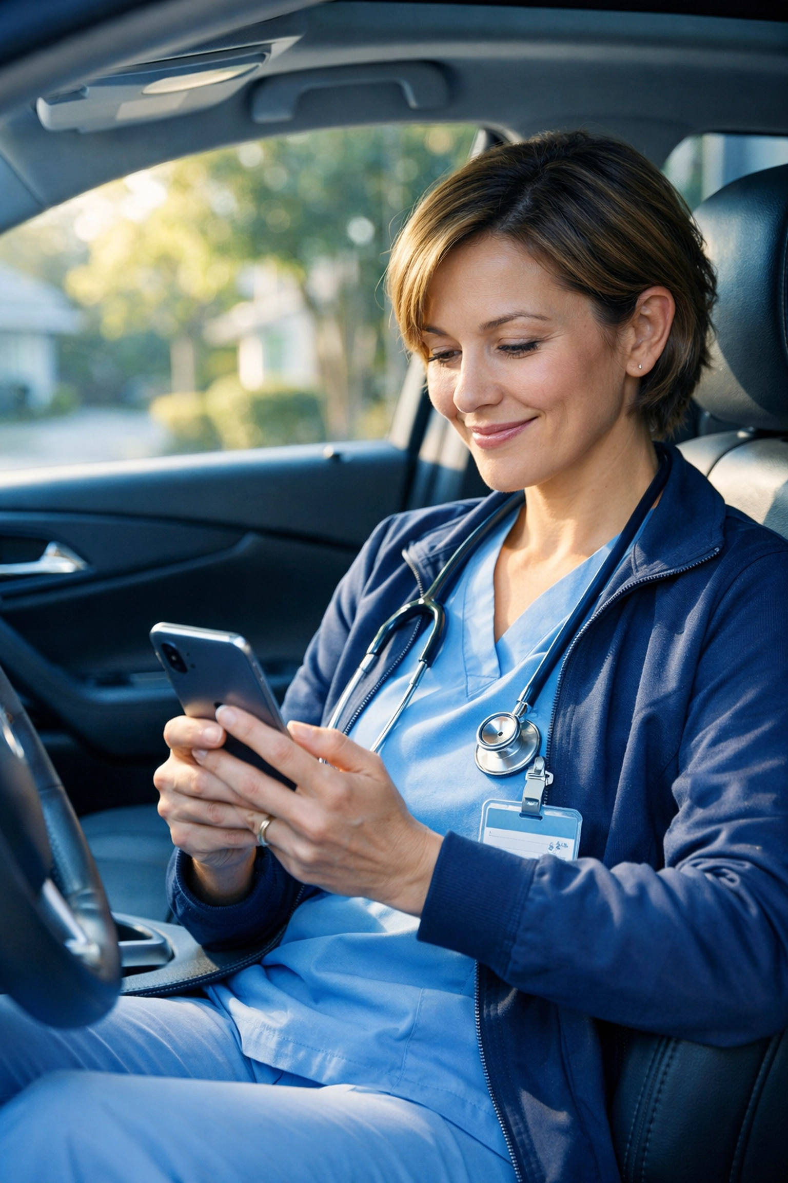 Home health clinician using mobile software for driveway documentation to reduce charting time.