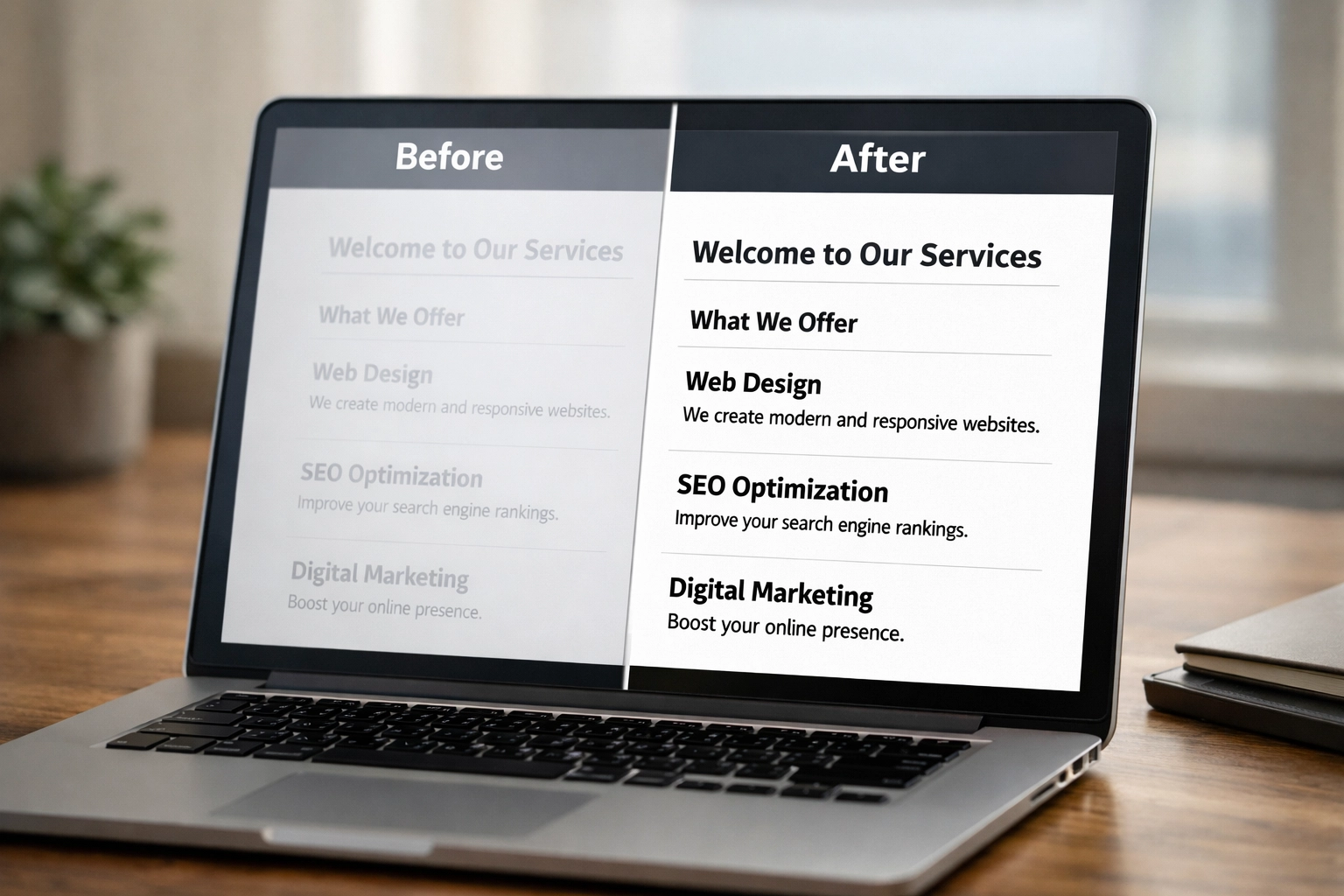 Website text contrast comparison showing poor readability vs accessible high-contrast design