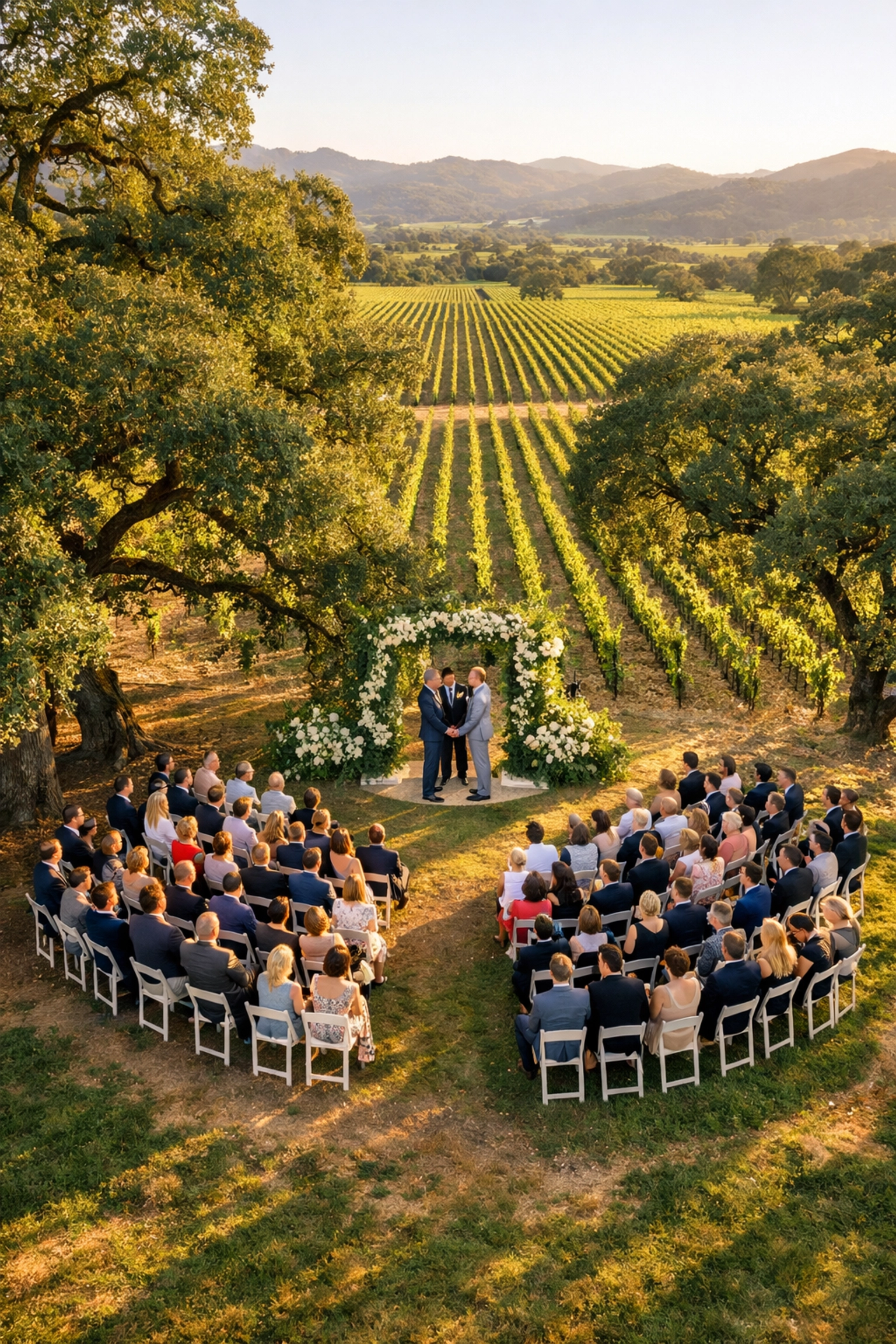 Aerial view of gay wedding ceremony under oak trees in Napa Valley vineyard with guests