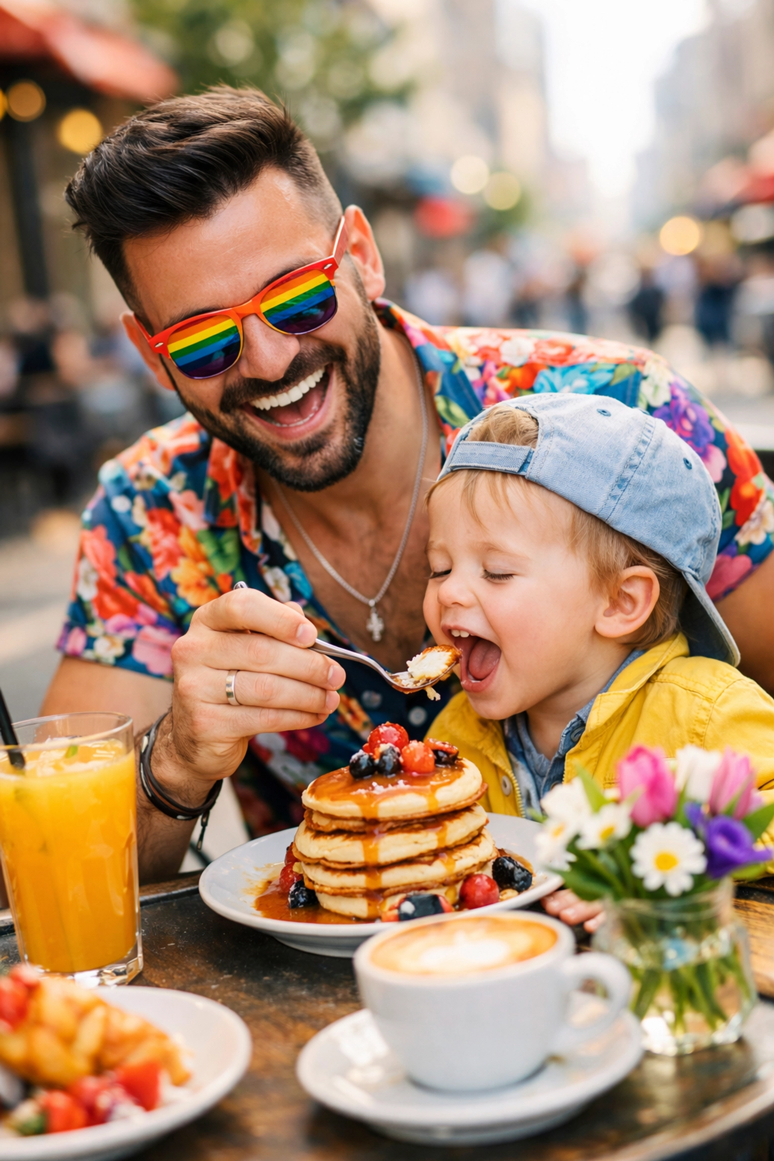Happy gay dad and toddler enjoying a celebratory Mother's Day brunch at an outdoor cafe.