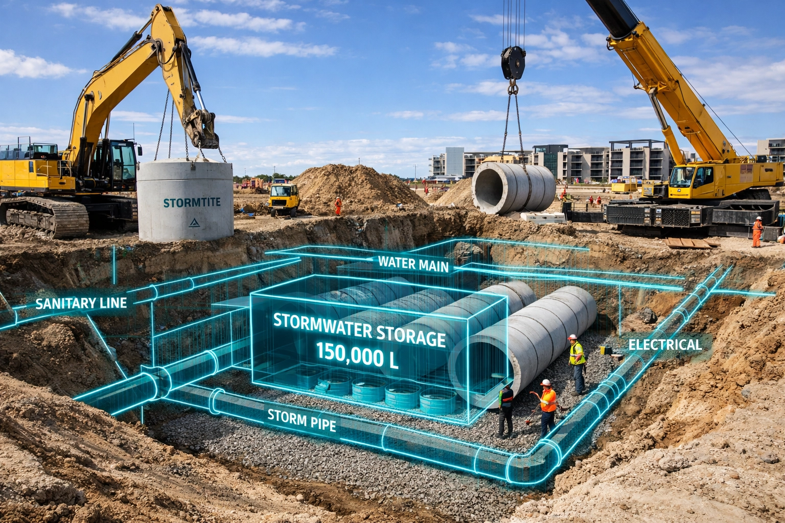 Installation of underground stormwater management pipes and tanks at a construction site in Ontario.