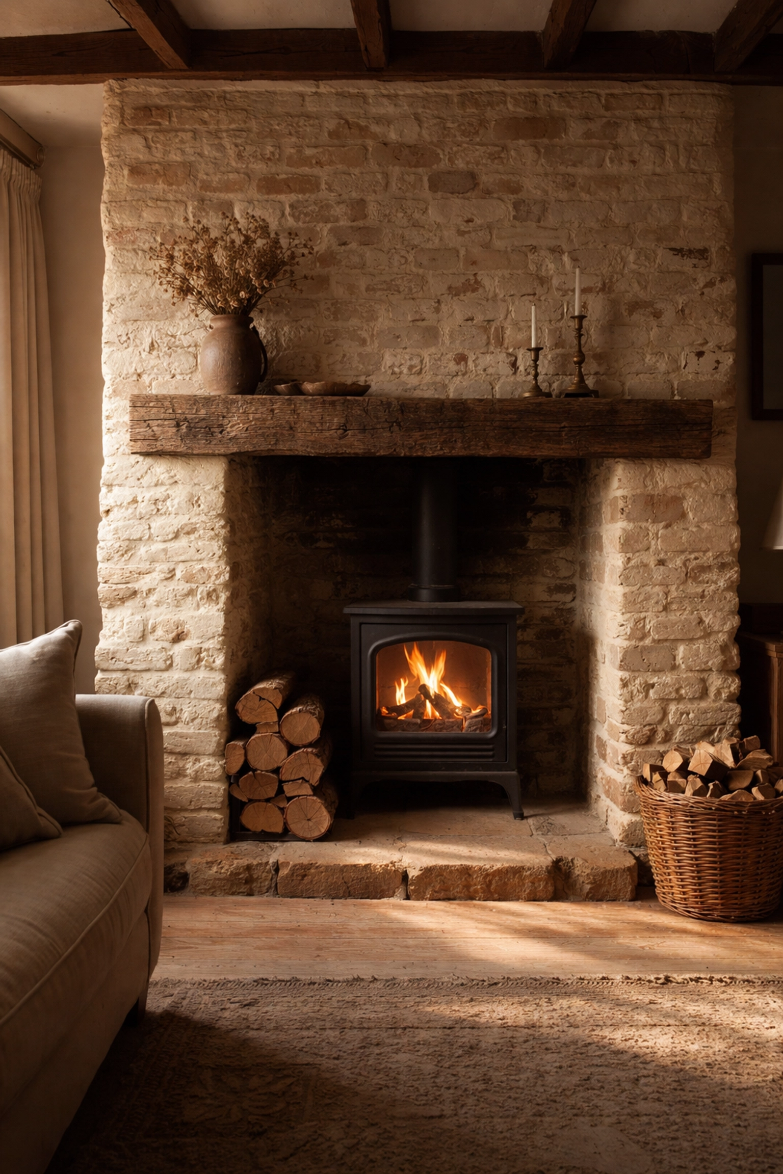 Exposed brick fireplace with pale limewash highlighting authentic texture in a period cottage interior.