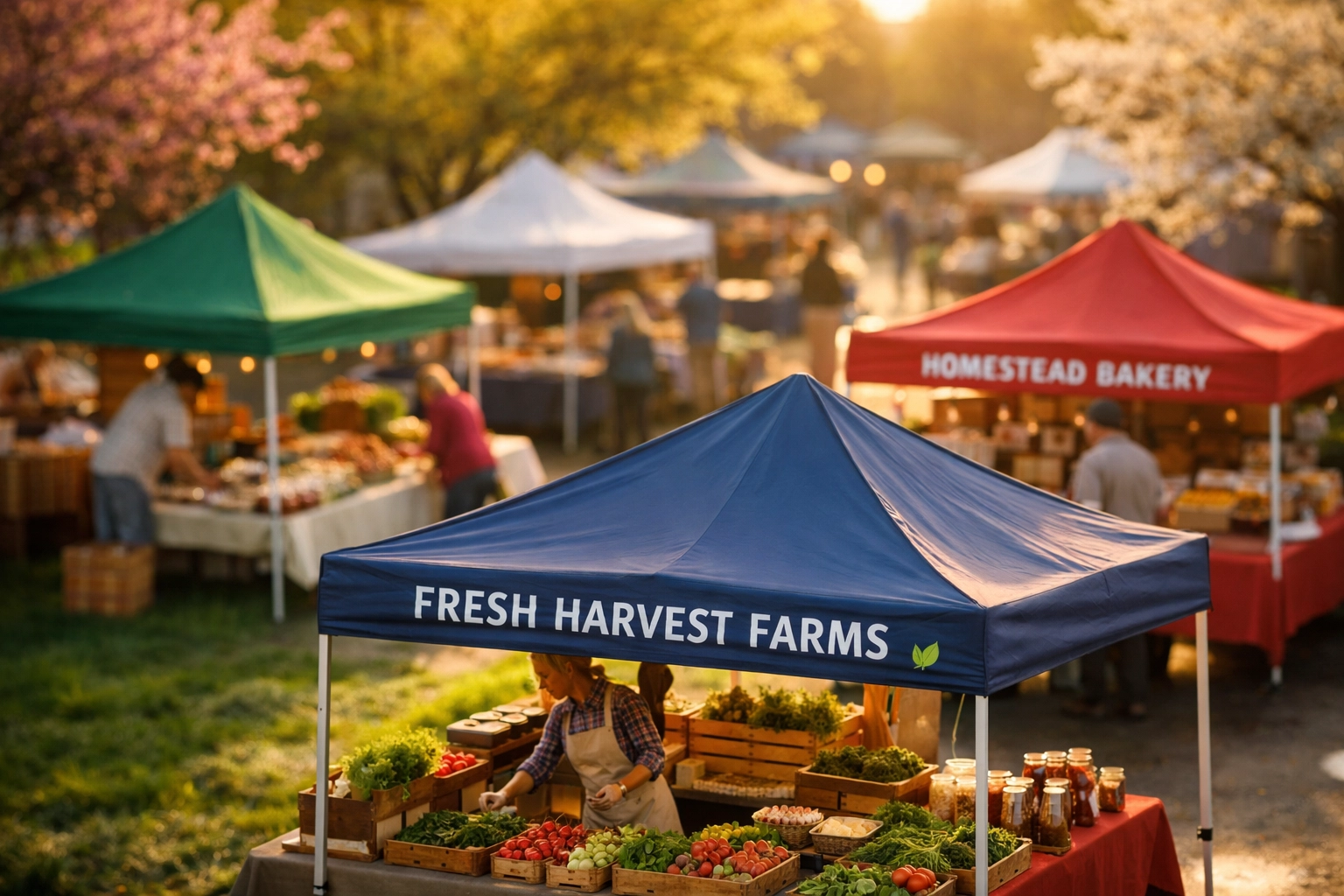 Custom branded canopy tents at spring outdoor farmers market with vendors setting up booths